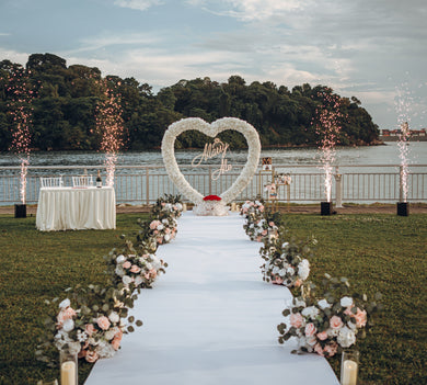 Romantic Outdoor Proposal Decor at Marina Keppel Bay in Singapore with Heart Shape Floral Arch and Sparkulars by Style It Simply