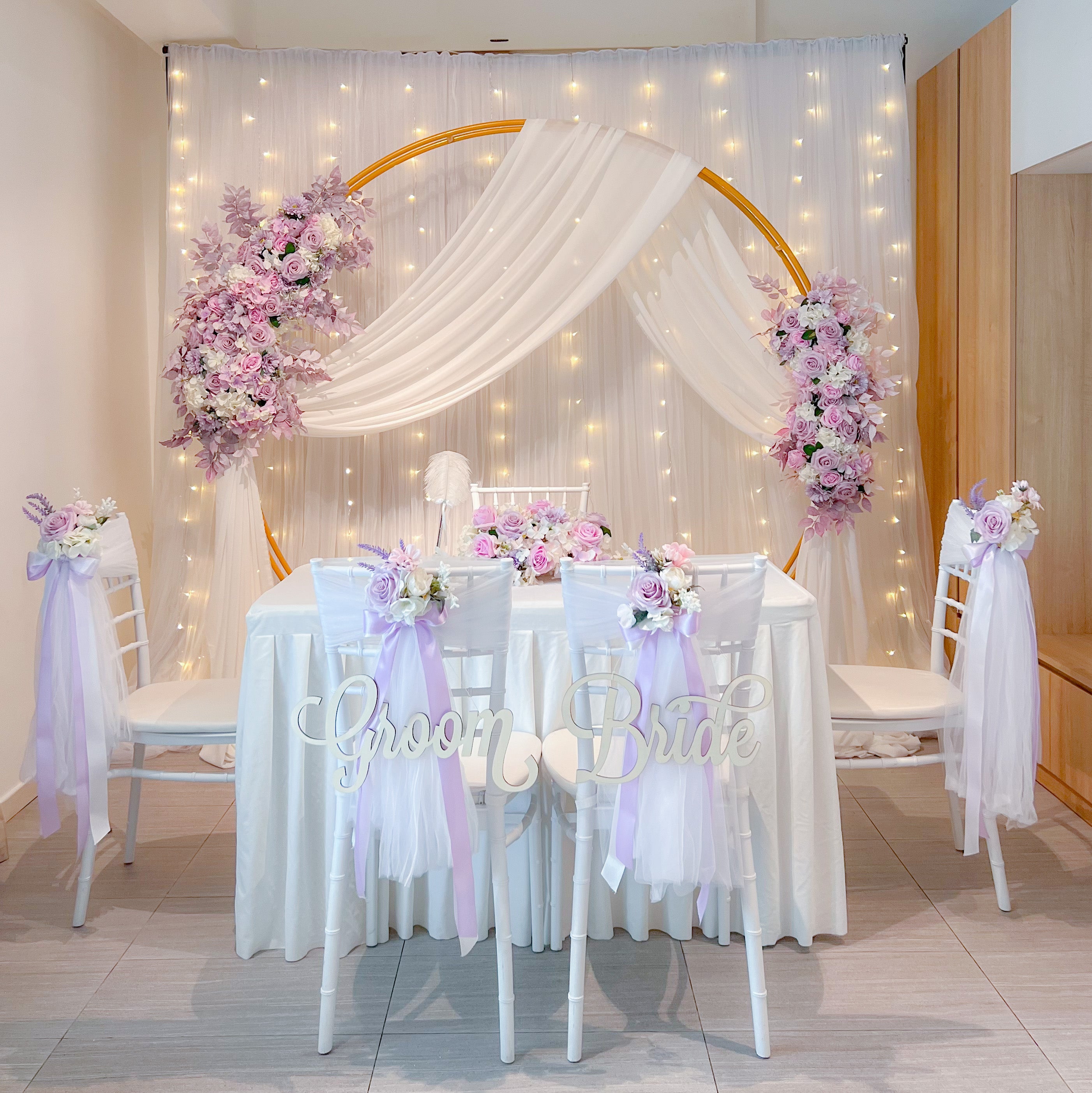 Sweet and Simple Home Solemnisation/ROM Decor in Singapore - White & Purple Theme with Round Arch & Fairy-lights