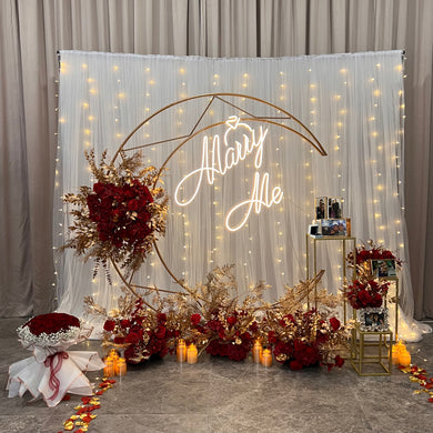 Romantic Hotel Room Proposal Decor in Singapore with Fairylight Backdrop and Moon Shape Floral Arch by Style It Simply