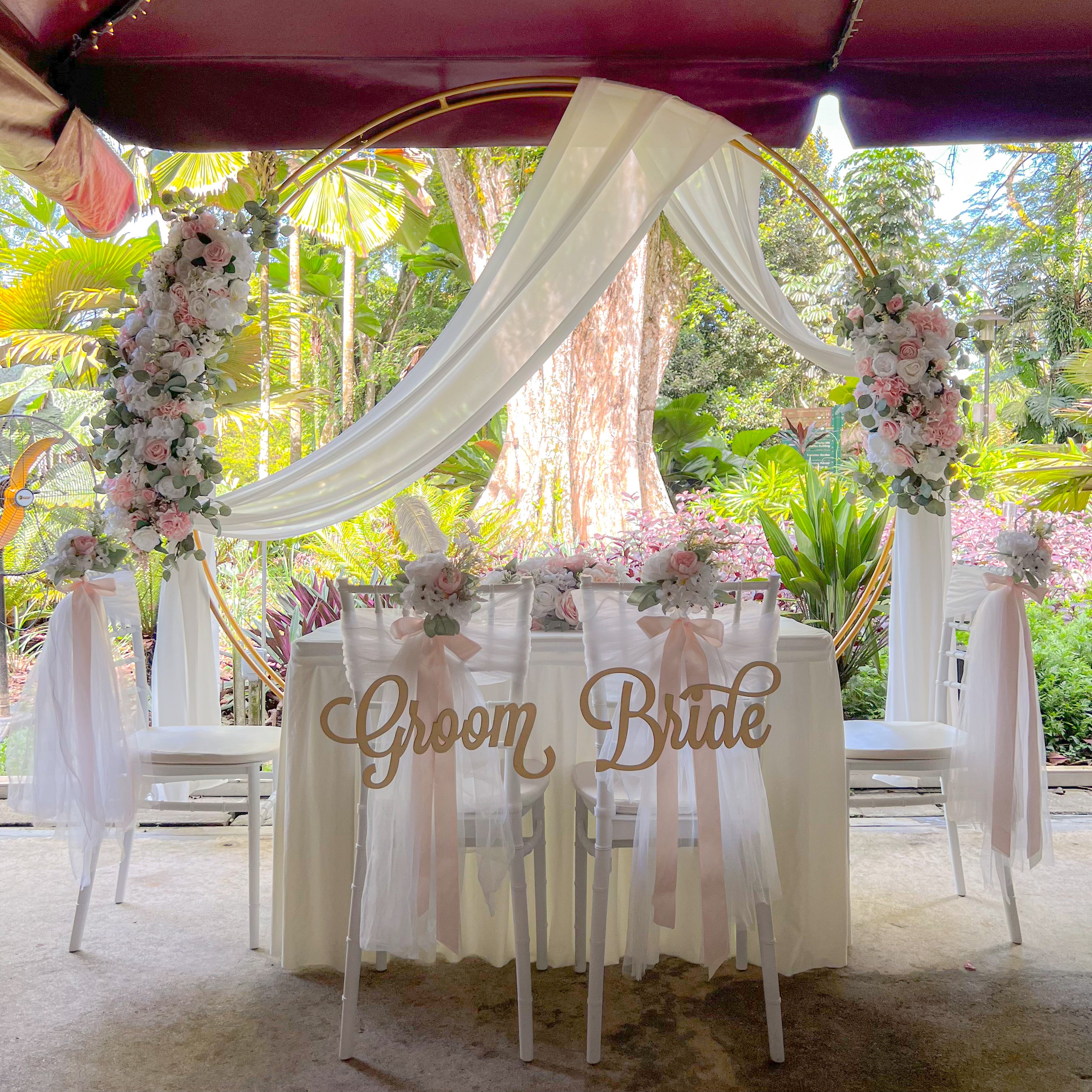 Sweet and Simple Outdoor Solemnisation/ROM Decor in Singapore - Pink & White Theme with Round Arch