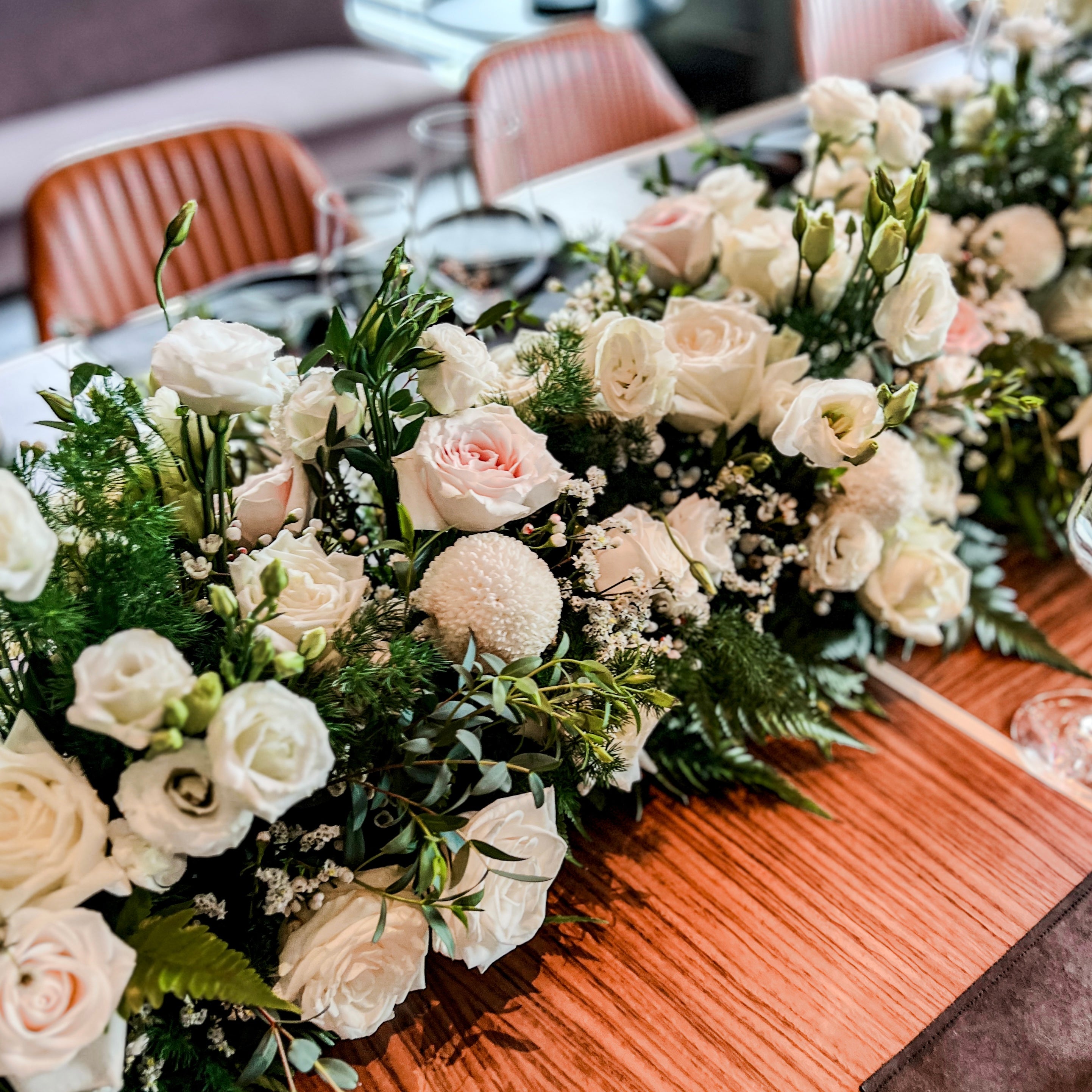 Fresh Flower Centrepiece: Lush Garland ; Singapore Wedding Essentials ; Guests Table Styling at VUE ; Pink & White Flower Arrangement