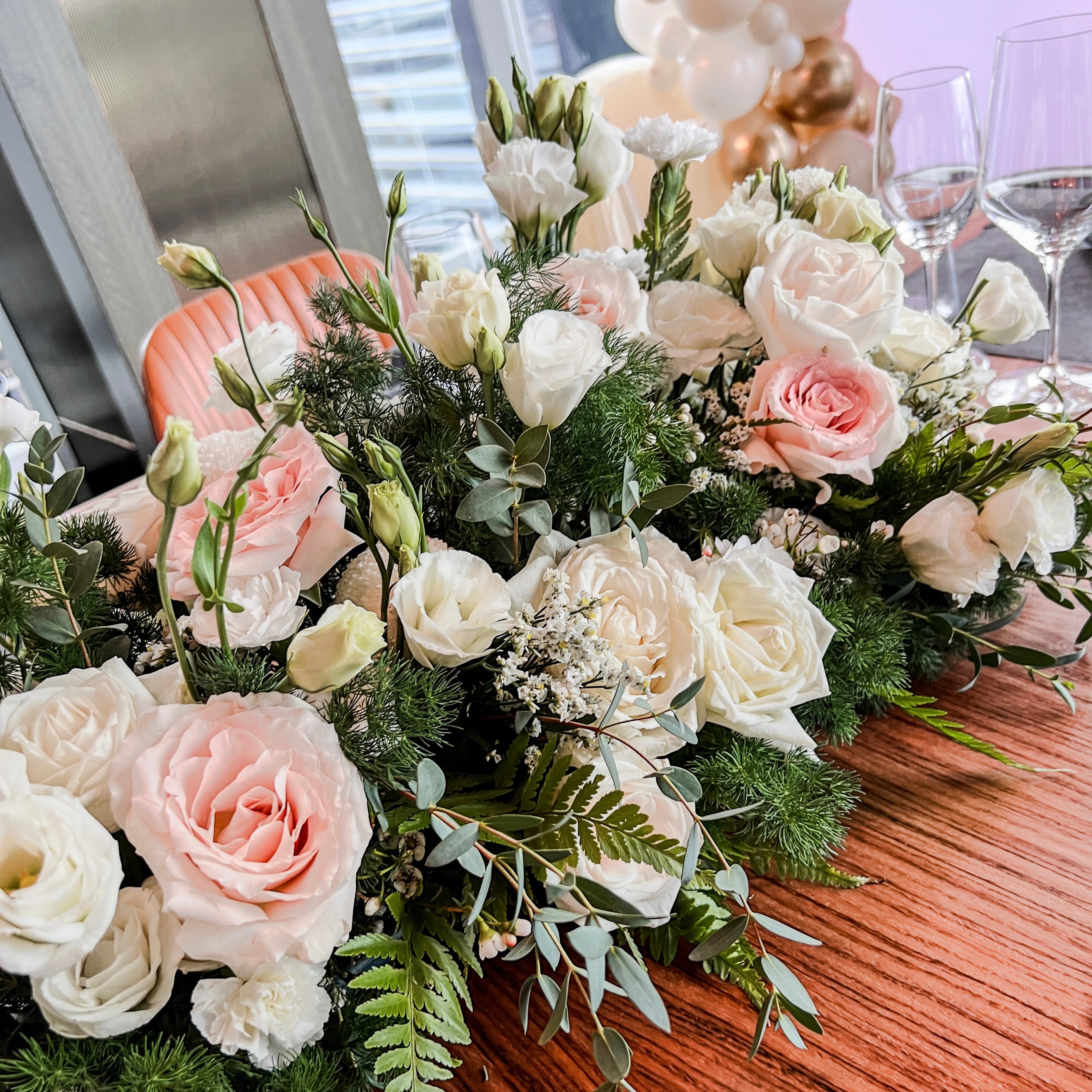 Fresh Flower Centrepiece: Lush Garland ; Singapore Wedding Essentials ; Guests Table Styling at VUE ; Pink & White Flower Arrangement