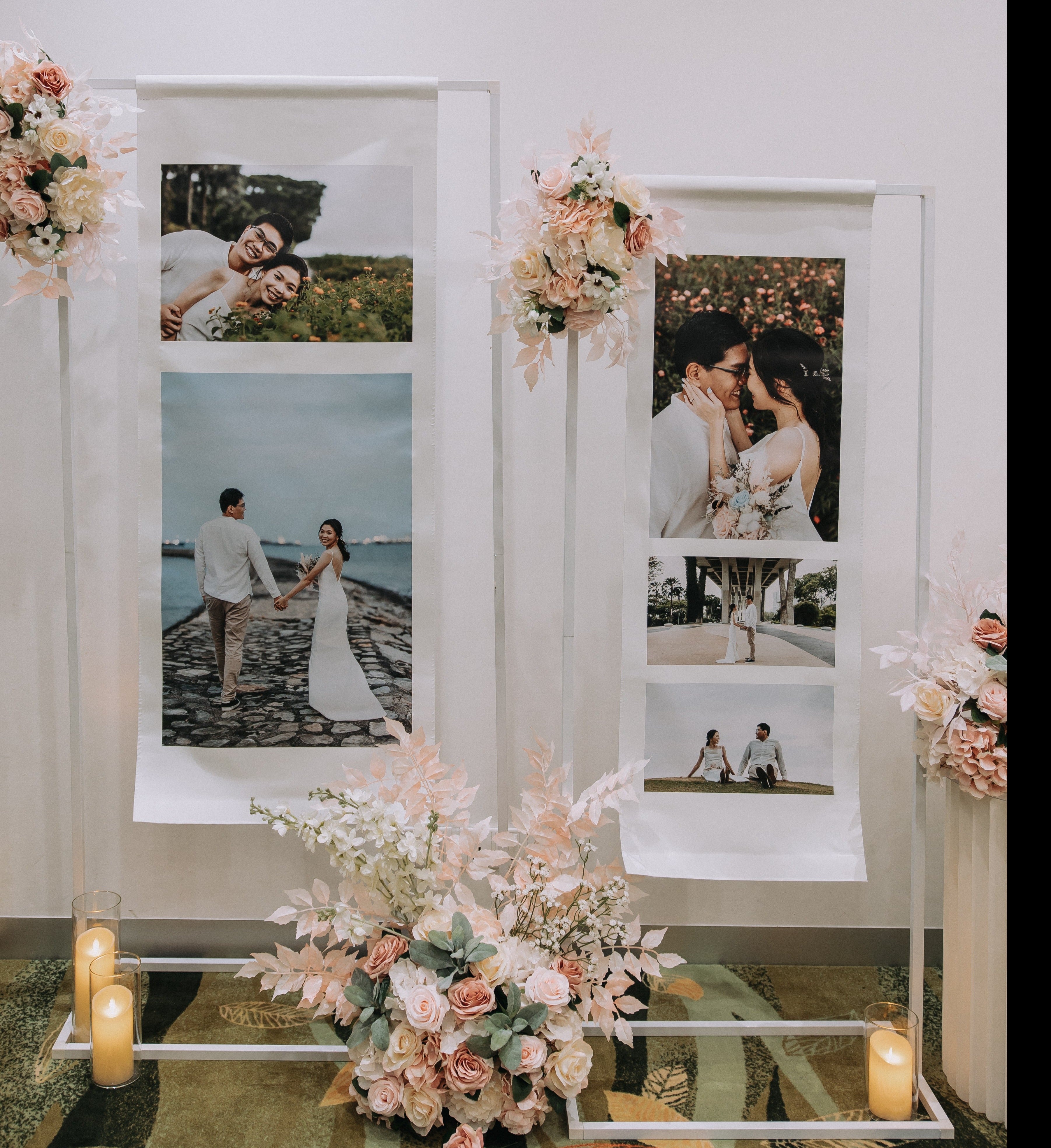 Wedding Reception Decor in Singapore - Multi-stands Photo Gallery with Pink & White Florals (Venue: Mount Faber Peak)