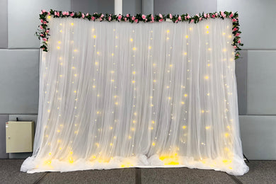 Affordable Wedding/Solemnisation Decor in Singapore - White Backdrop with Fairylights & Pink Floral Veins