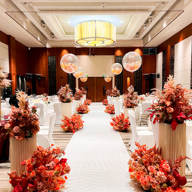 Wedding Ballroom Decor in Singapore - Red Orange Brown; Autumn Floral Aisle Enhancement w. White Runner & Burst Balloons (Venue: Amara Sanctuary Resort Sentosa)