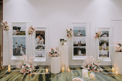 Wedding Reception Decor in Singapore - Multi-stands Photo Gallery with Pink & White Florals (Venue: Mount Faber Peak)