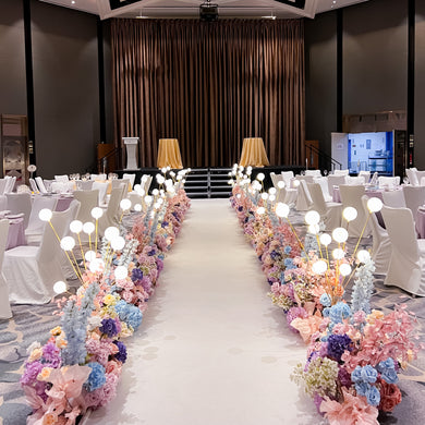 Wedding Ballroom Decor in Singapore - Pink Blue Purple Cream Floral Aisle Enhancement with White Runner & Bubble Lights (Venue: Fairmont Hotel)