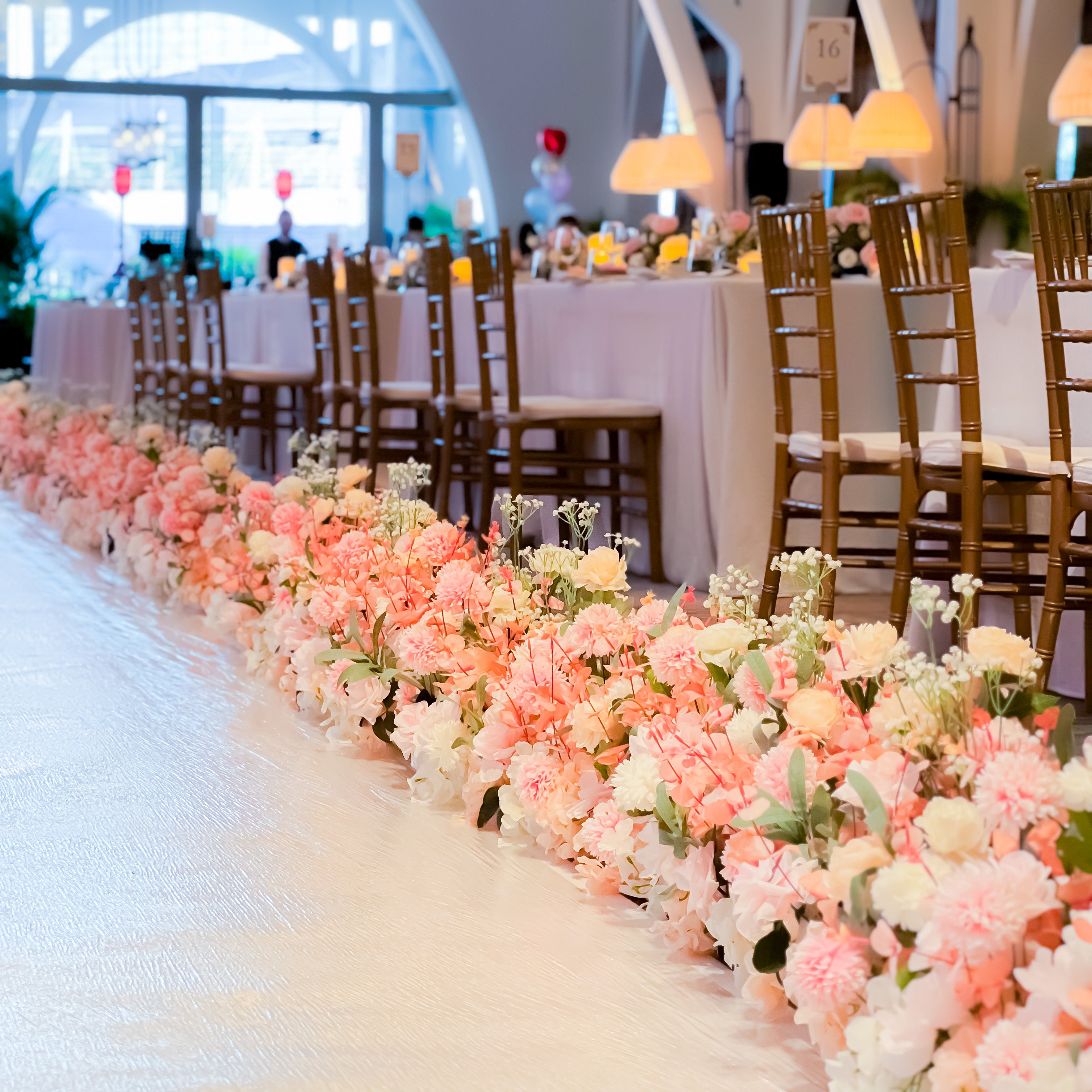 Wedding Ballroom Decor in Singapore - Pink White Peach Floral Aisle Enhancement with White Runner (Venue: The Fullerton Bay Hotel Clifford Pier)
