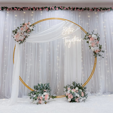 Wedding Stage Decor in Singapore - Pink & White Theme Floral Arch with Fairylight Backdrop & Better Together Neon Signage suitable for Indoor/Outdoor