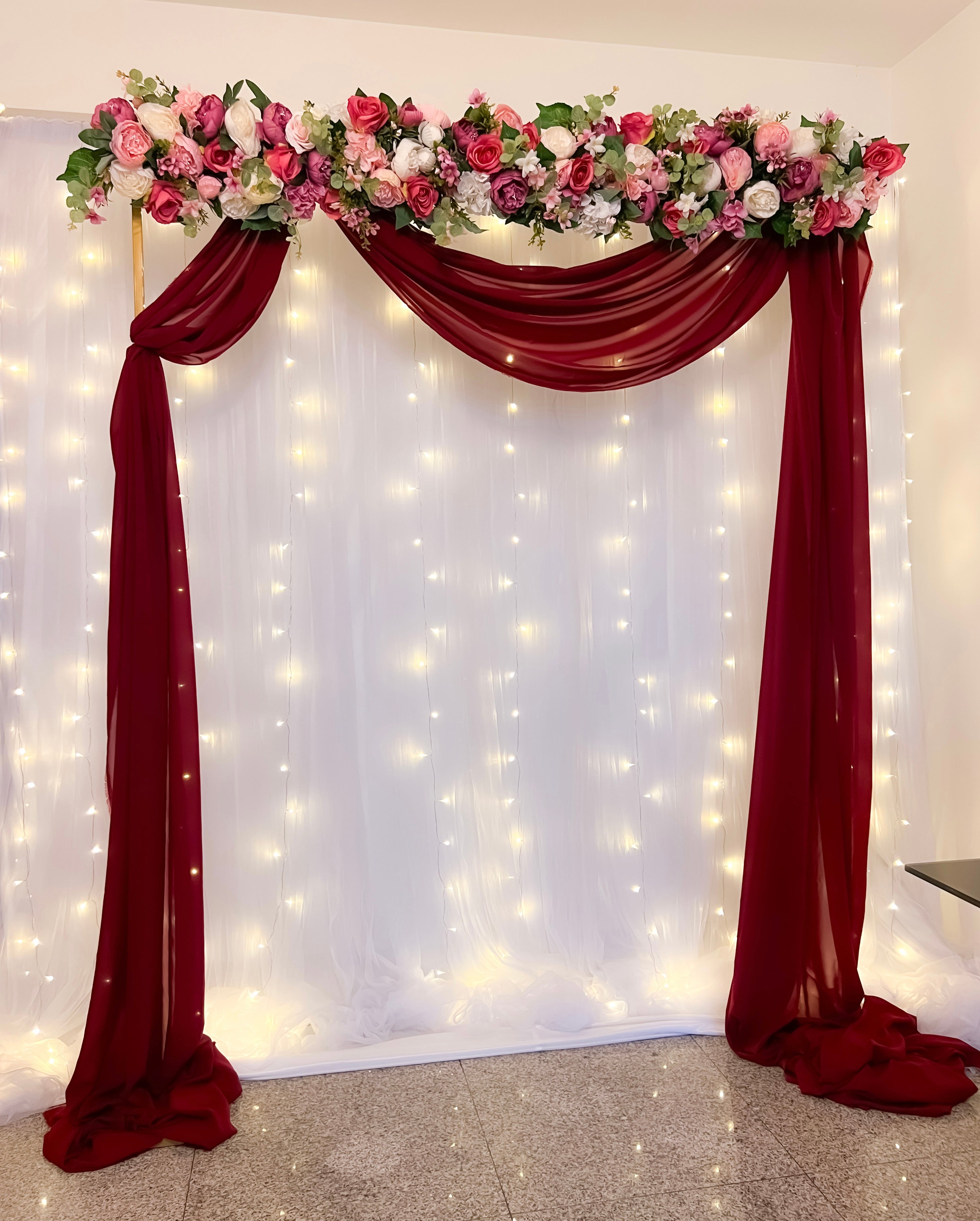 Affordable Wedding/ Solemnisation Decor in Singapore - Pink White Red Floral Arch with Fairy-lights Backdrop