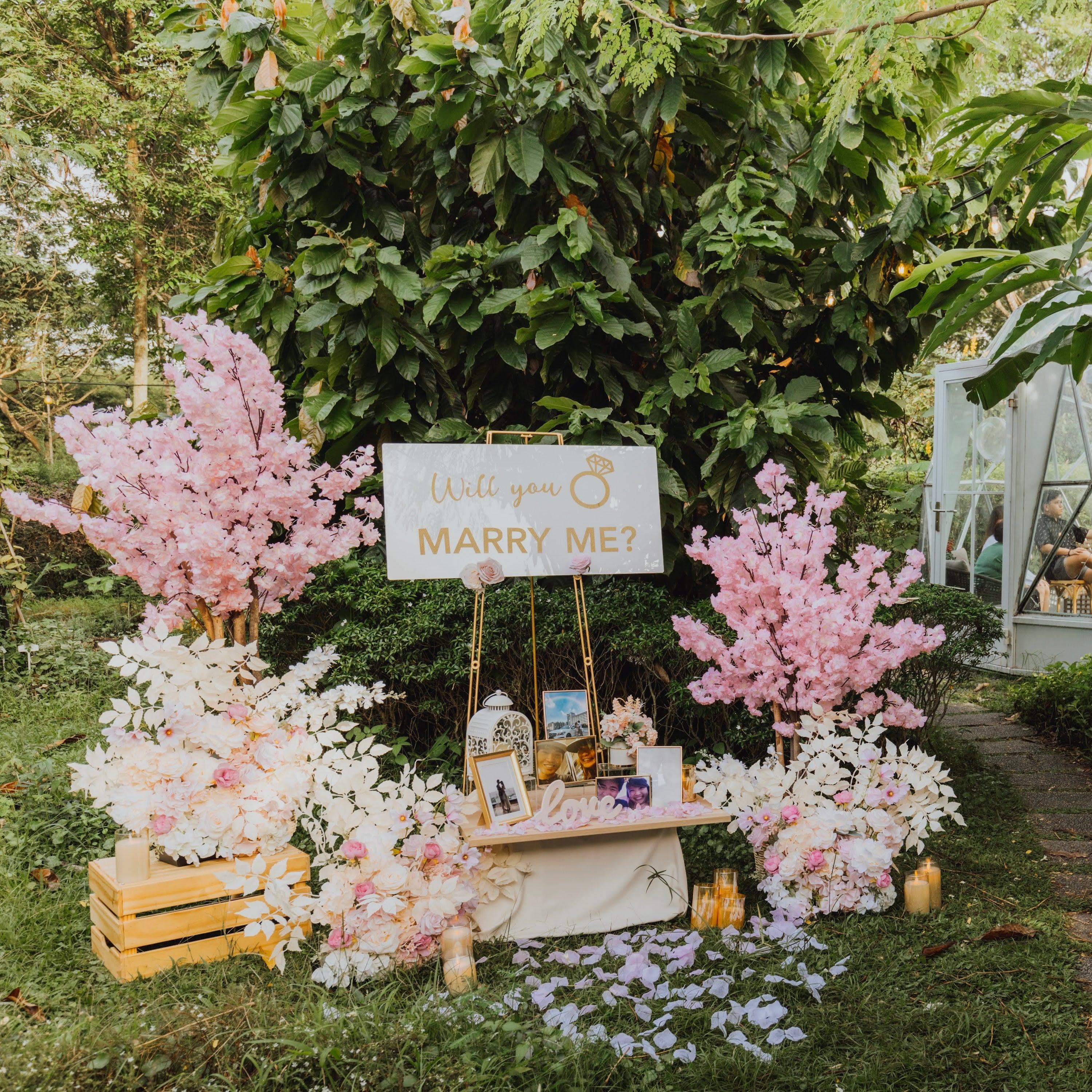 Romantic Outdoor Proposal Decor at Summer House Singapore with Cherry Blossoms by Style It Simply