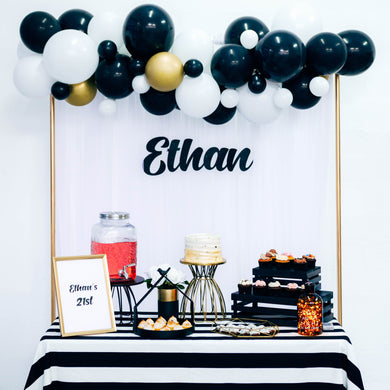 Contemporary Dessert Table in White, Black, Gold for Birthday Party by Style It Simply