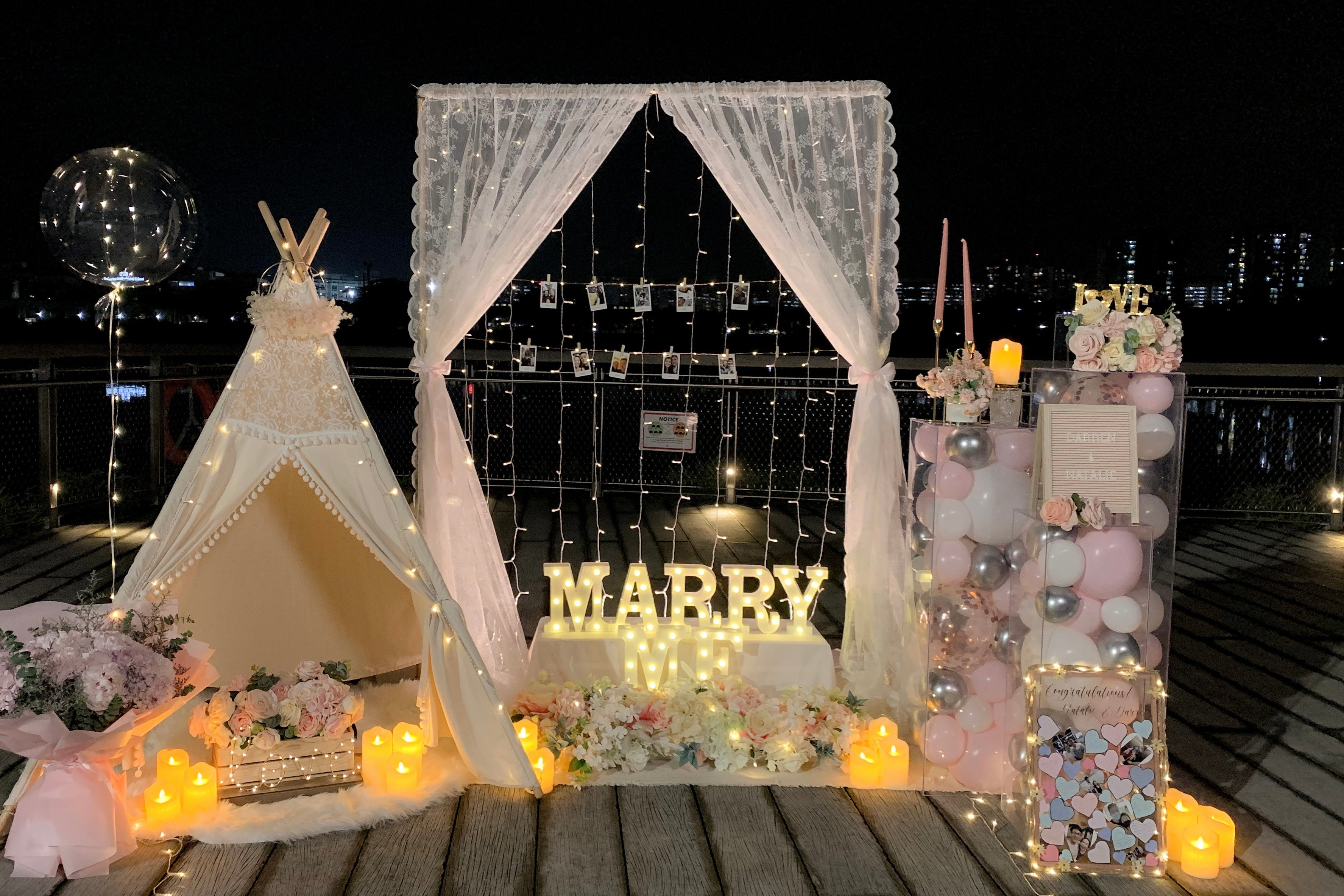 Romantic Outdoor Proposal Decor at Mount Faber Park Singapore with Fairylights, Balloons, Flowers and Teepee Tent by Style It Simply