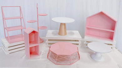 Pink & White Dessert Wares / Dessert Table Props / Cake Stands & Dessert Stands for rent