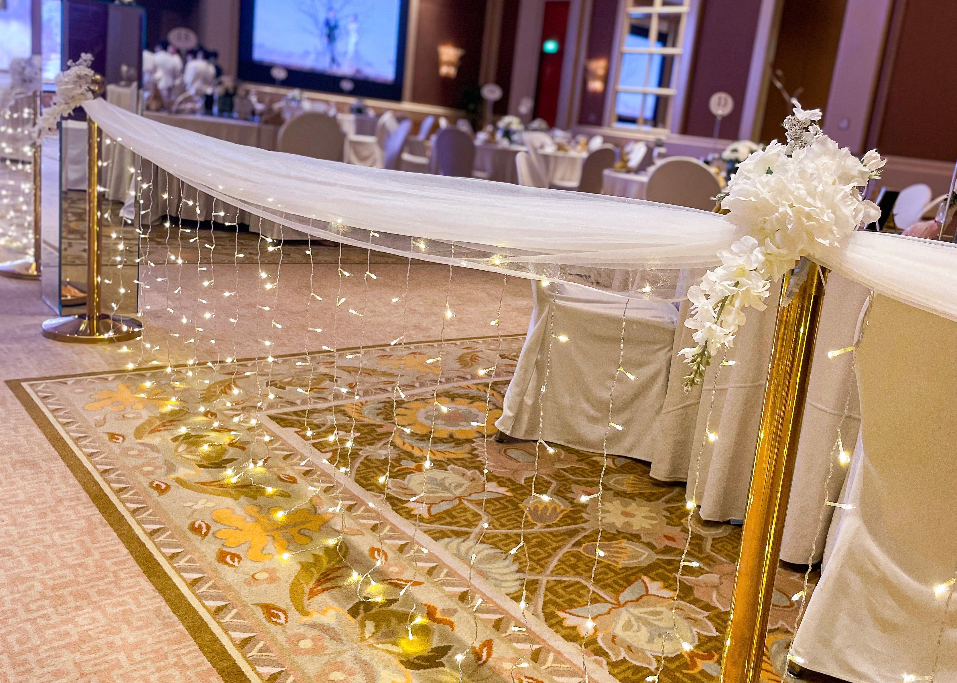 Wedding Ballroom Decor in Singapore - Fairylight Aisle Enhancement with White Florals (Venue: Conrad Centennial Singapore)