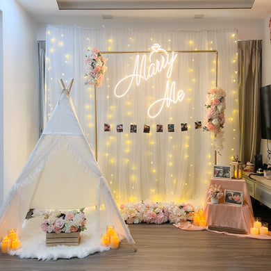 Romantic Home Proposal in Singapore with Fairylight Backdrop, Neon Sign, Flowers and Teepee Tent by Style It Simply