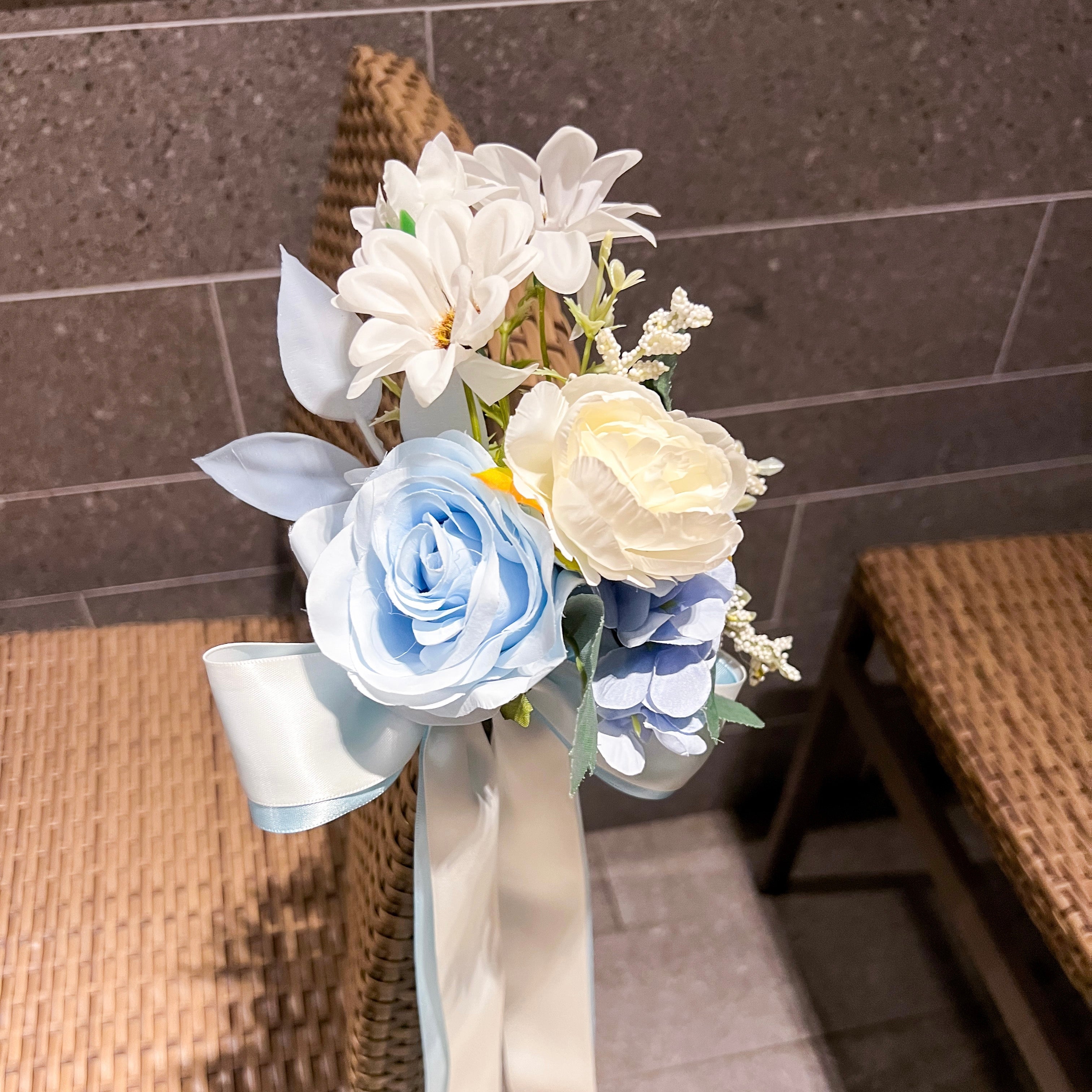 Blue & White Theme Solemnisation/ ROM Aisle Floral Posies with Ribbons