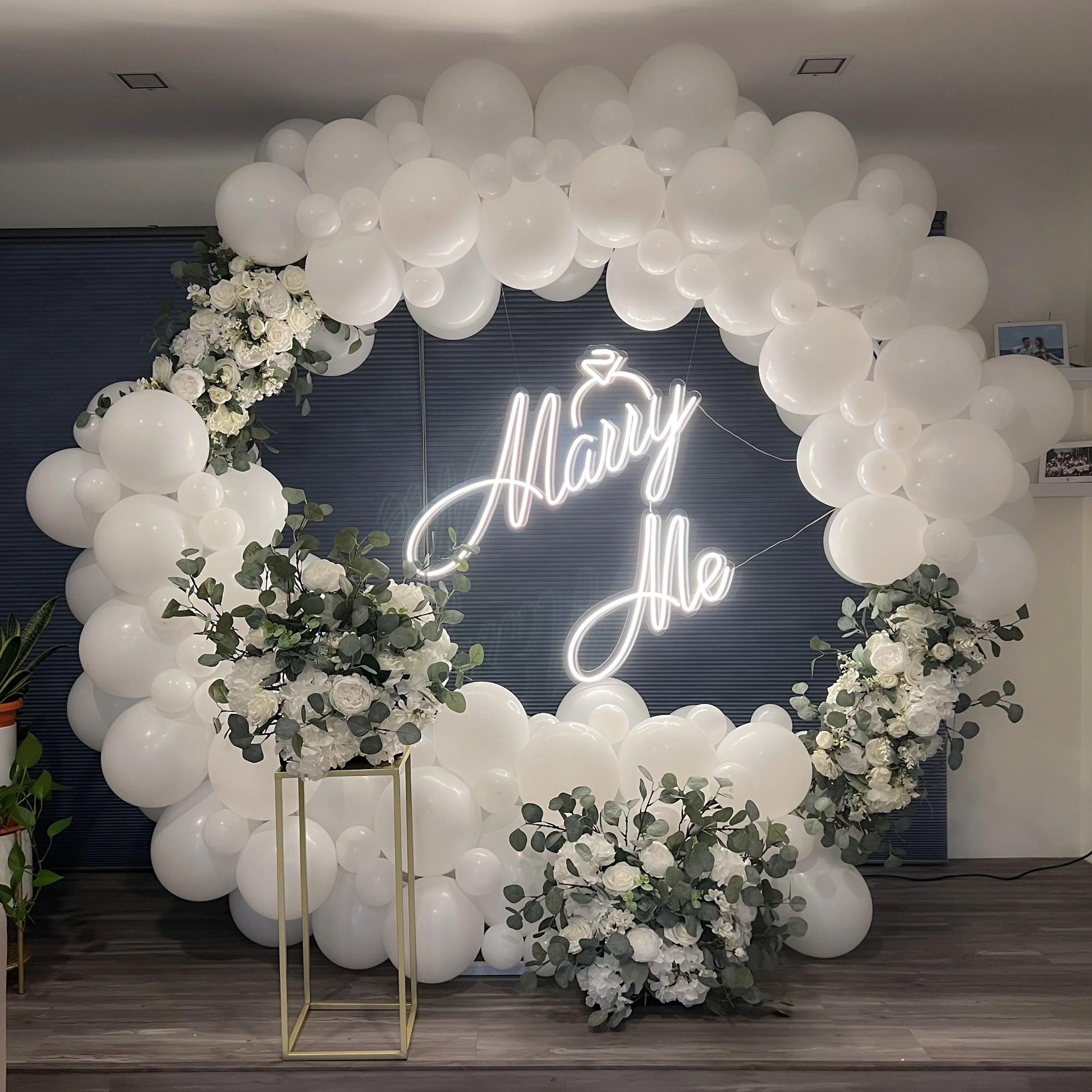 Full Balloon Garland on Round Arch with Faux Floral Arrangement & Neon Signage