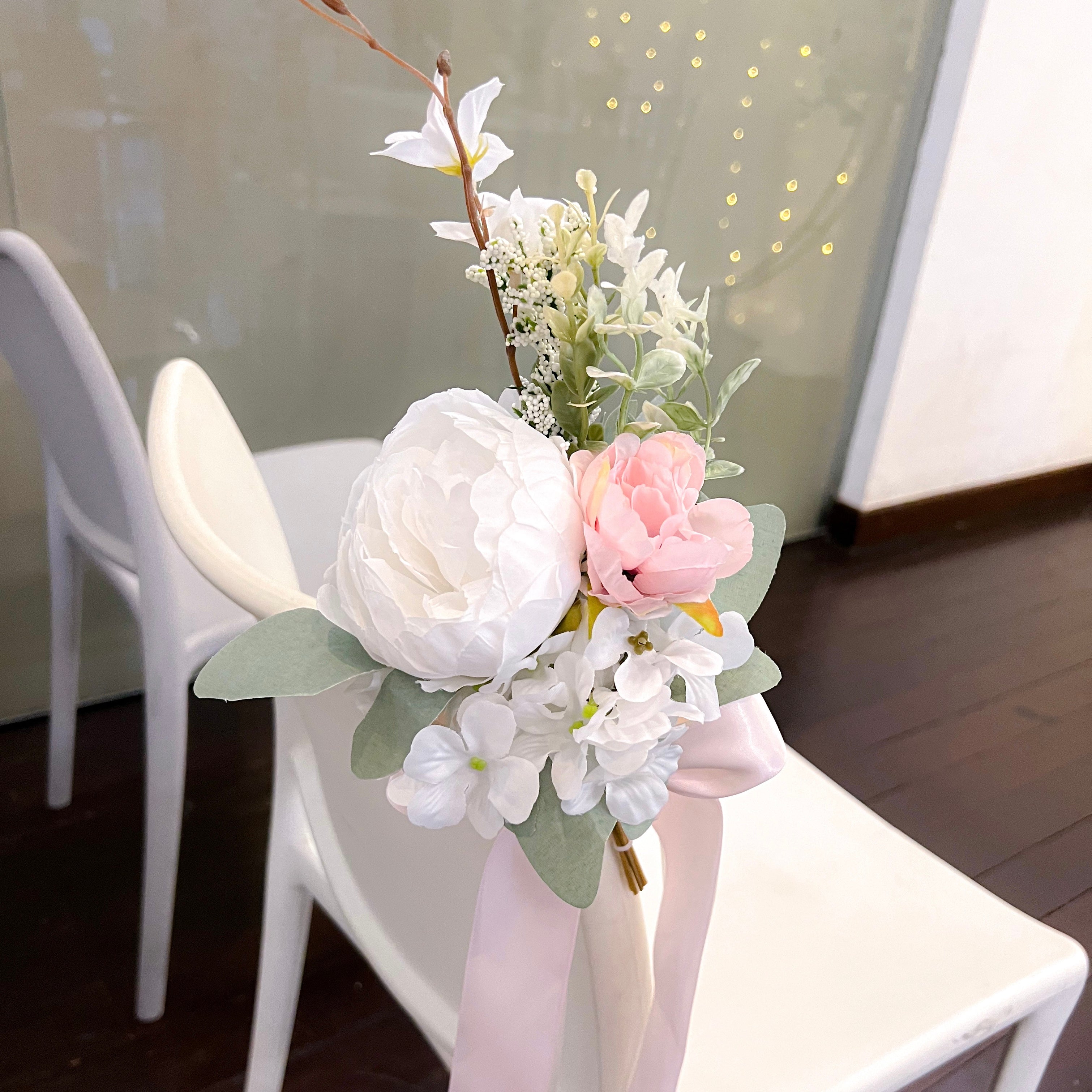Pink & White Theme Solemnisation/ ROM Aisle Floral Posies with Ribbons