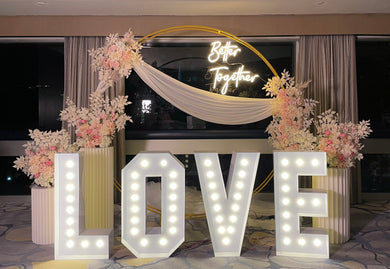 Wedding Stage Decor in Singapore - Pink & White Theme Floral Arch with Better Together Neon Signage & LOVE Marquee Lights suitable for Indoor/Outdoor (Venue: Hotel Swissôtel The Stamford)