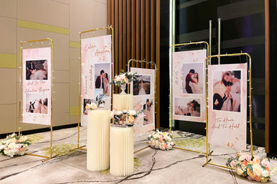 Wedding Reception Decor in Singapore - Multi-stands Photo Gallery with Pink White Peach Florals