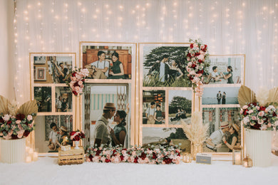 Wedding Reception Decor in Singapore - Multi-stands Photo Gallery with Red & Pink Florals