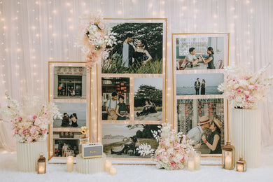 Wedding Reception Decor in Singapore - Multi-stands Photo Gallery with Pink & White Florals