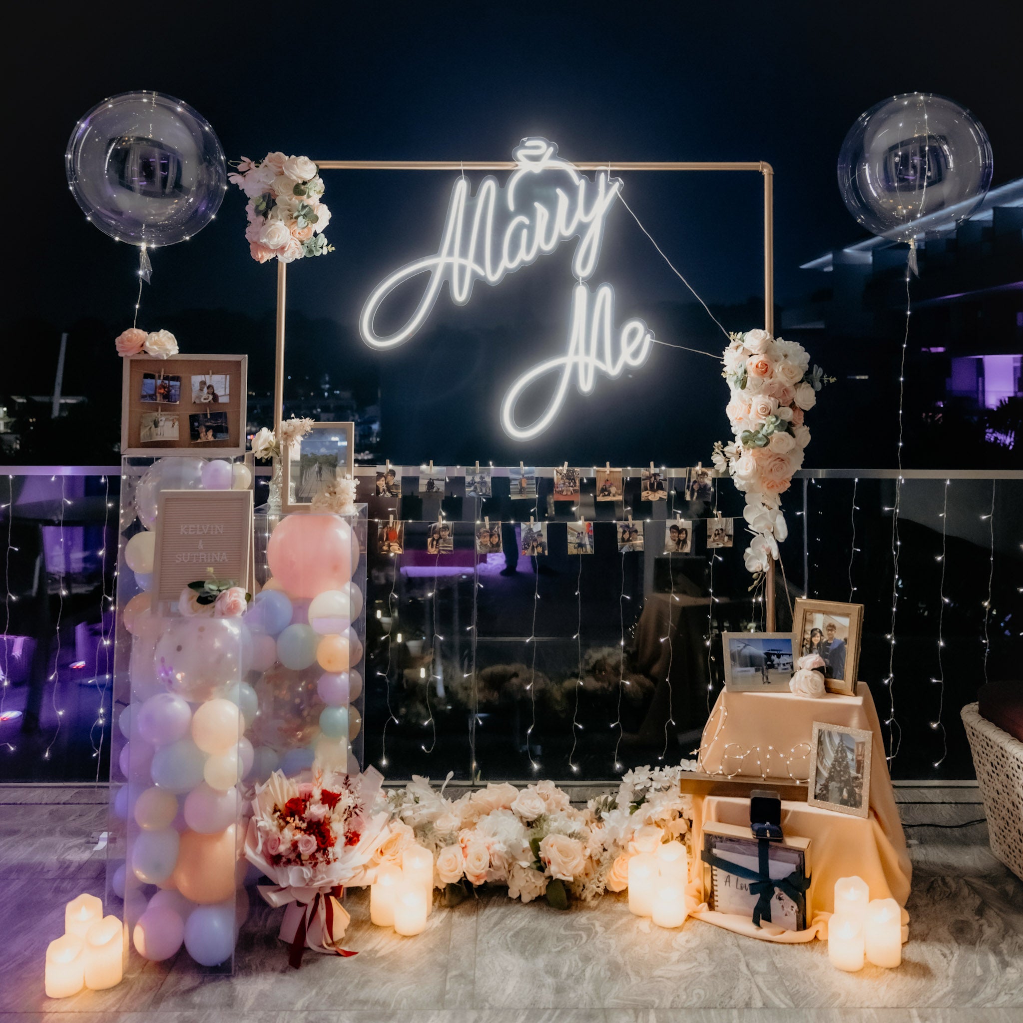 Romantic Hotel Room Balcony Proposal Decor in W Singapore Sentosa with Fairylights, Pastel Balloons, Flowers and Neon Sign by Style It Simply