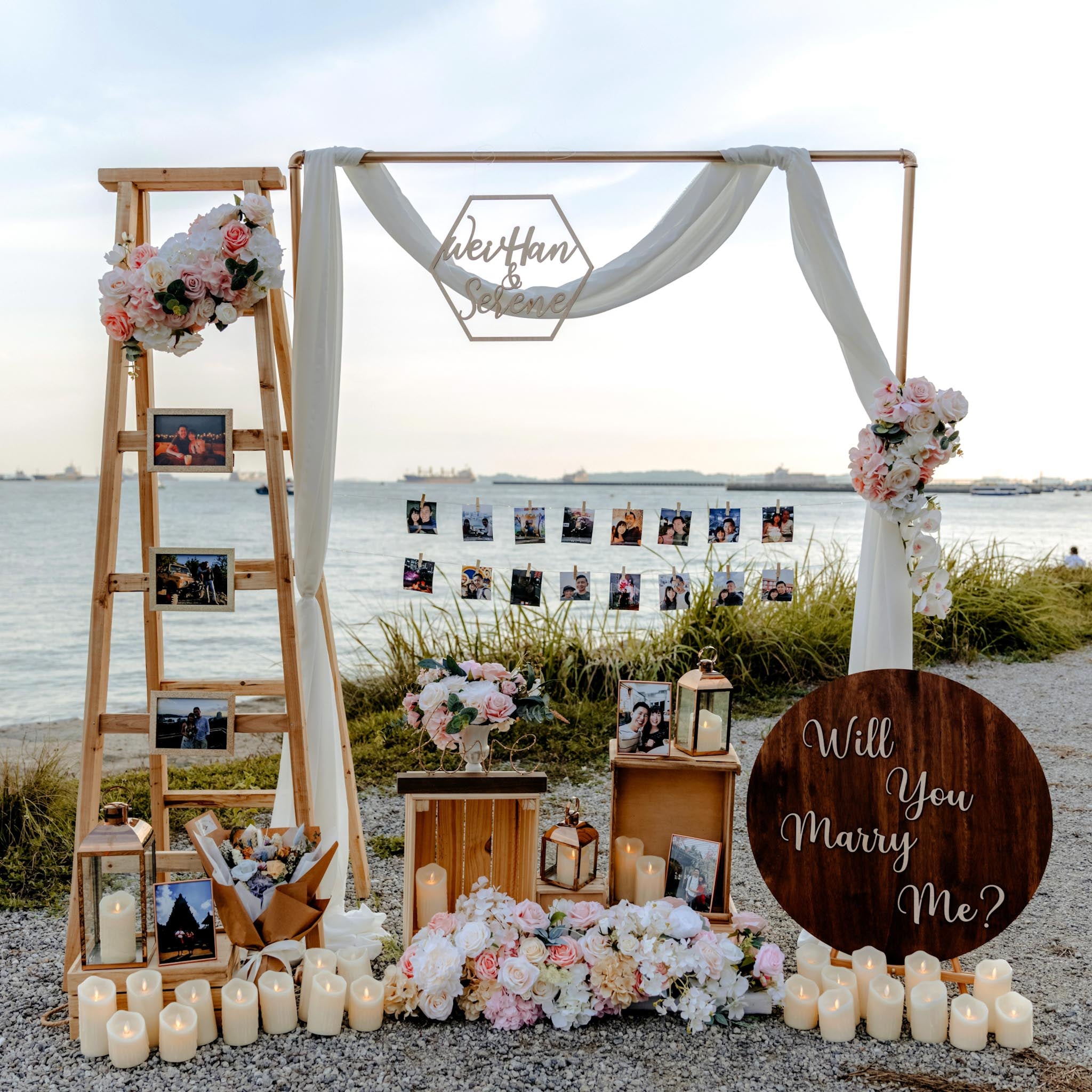 Romantic Outdoor Proposal Decor in Singapore with Rustic Wooden Ladder and Flowers by Style It Simply