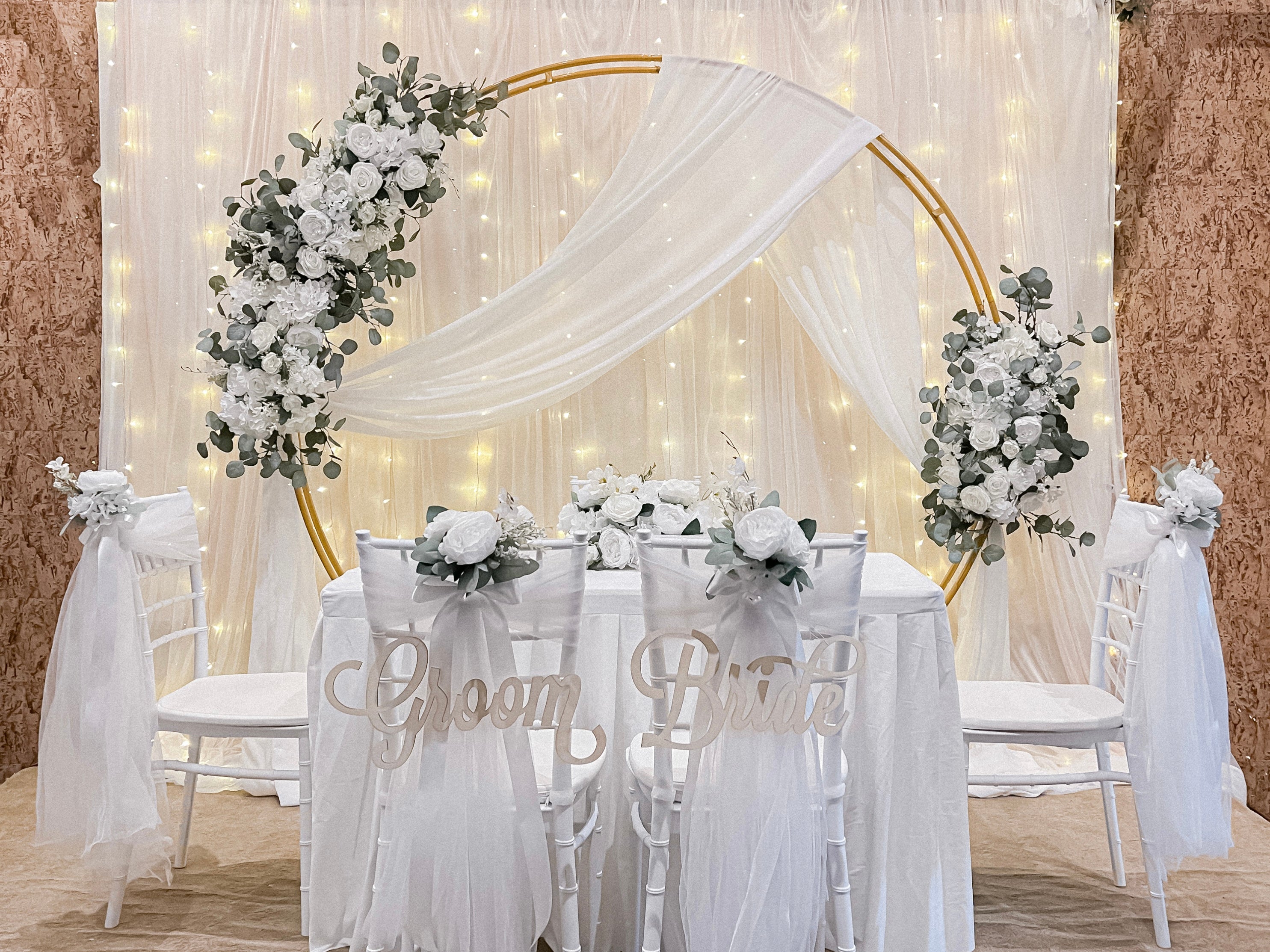 Sweet and Simple Home/ Function Room Solemnisation/ROM Decor in Singapore -  White Theme with Round Arch & Fairy-lights (Venue: 7th Heaven KTV Cafe)