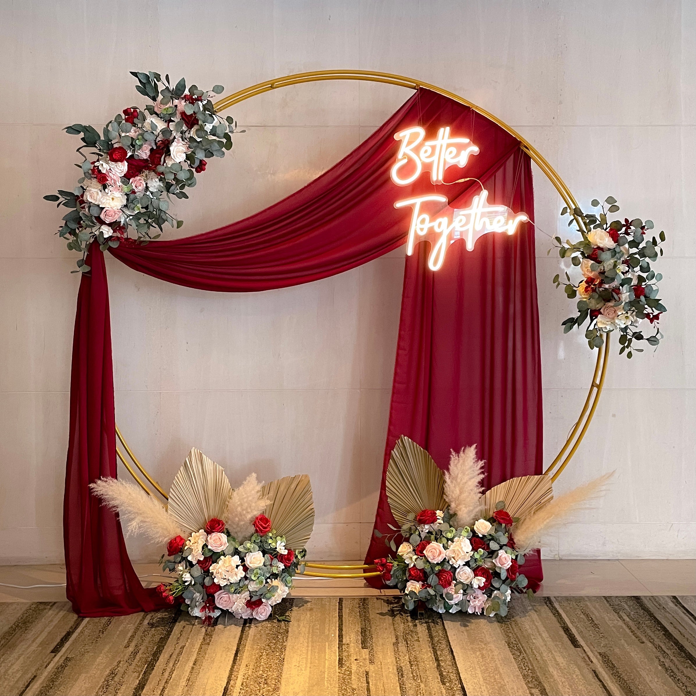 Wedding Stage Decor in Singapore - Red & Pink Theme Floral Arch with Better Together Neon Signage suitable for Indoor/Outdoor (Venue: Amara Sanctuary Resort Sentosa)