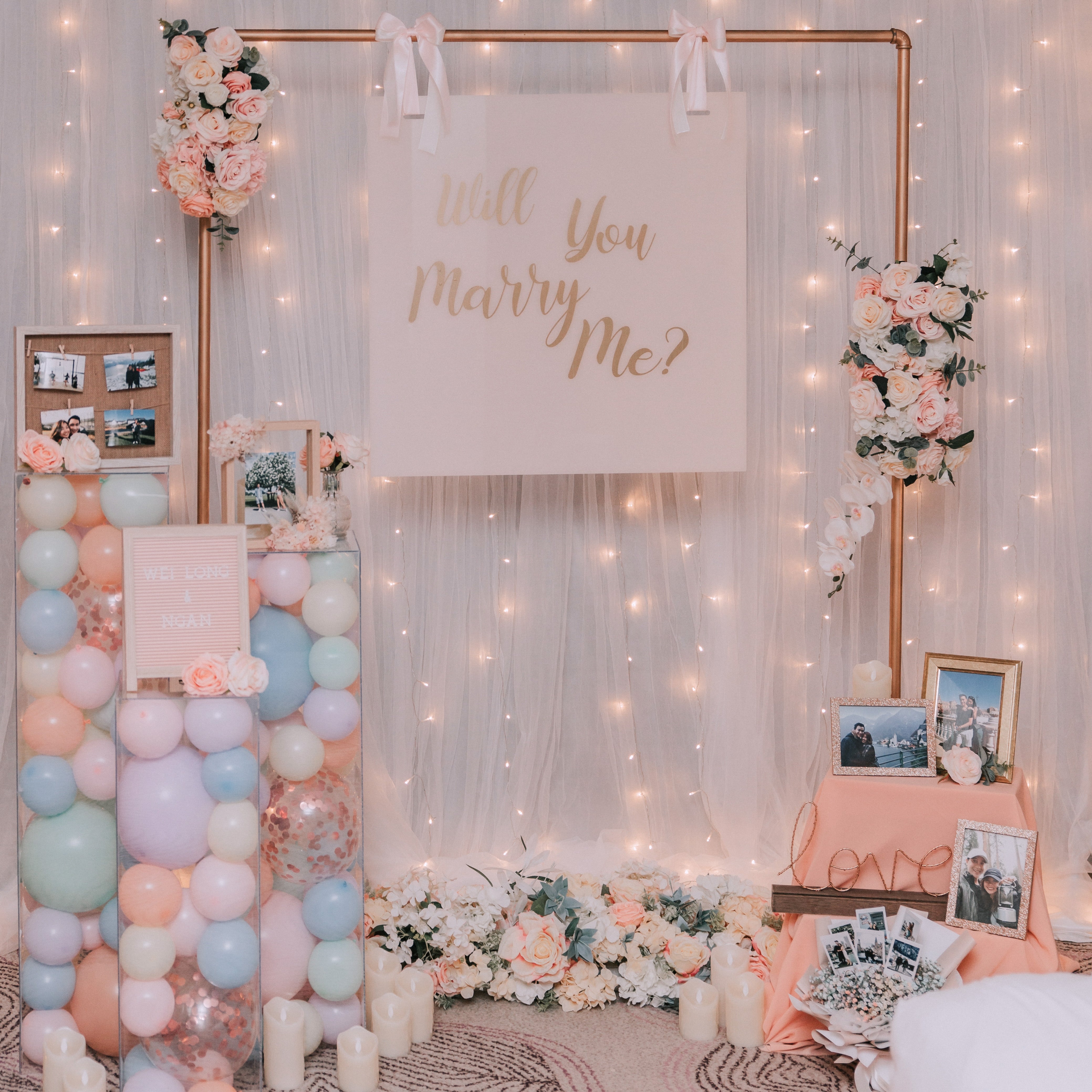 Romantic Hotel Room Proposal Decor in W Singapore Sentosa with Fairylight Backdrop, Pastel Balloons and Flowers by Style It Simply