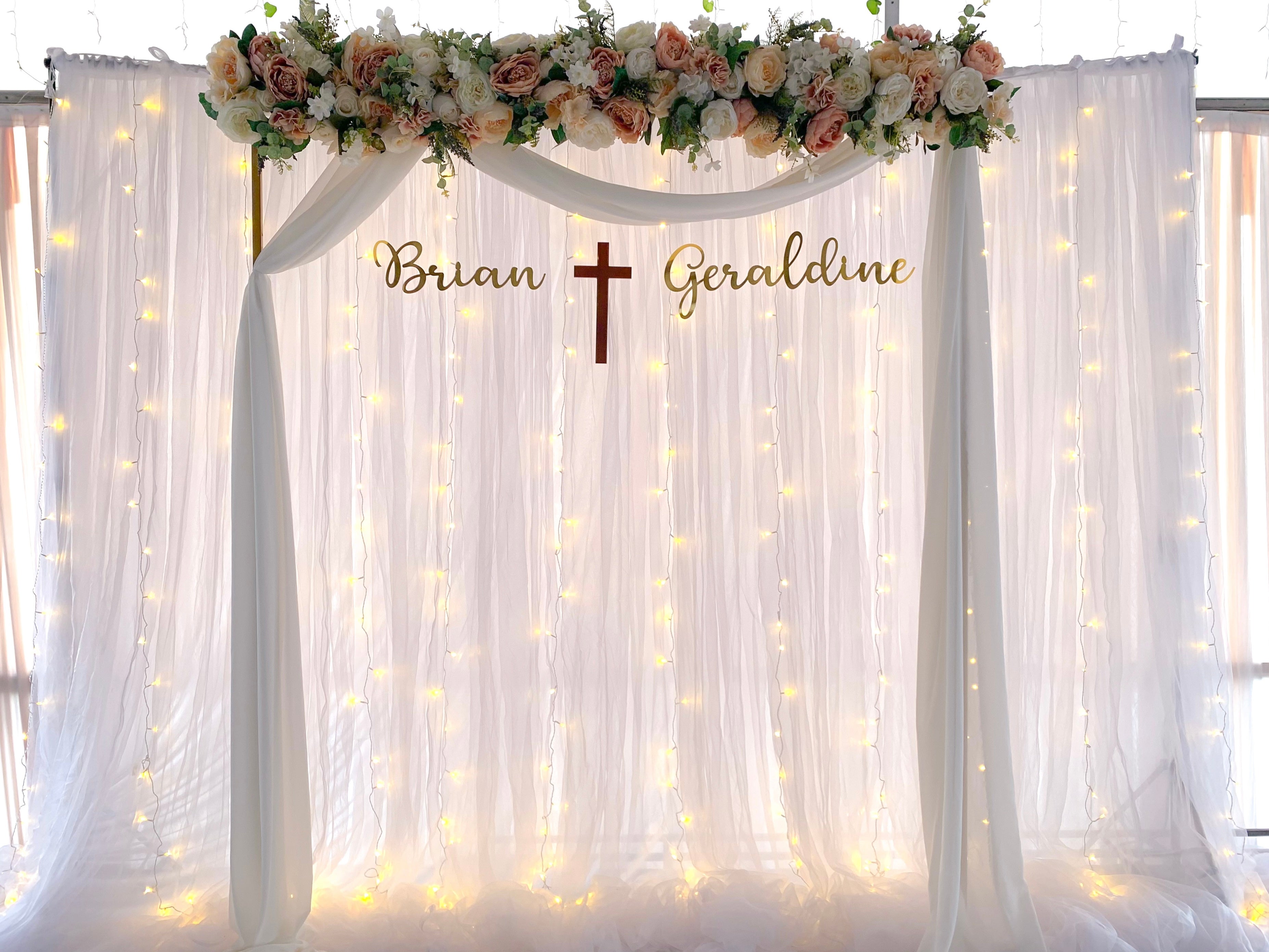 Affordable Wedding/ Solemnisation Decor in Singapore -Pink White Peach Floral Arch with Fairy-lights Backdrop and Custom Name Banner