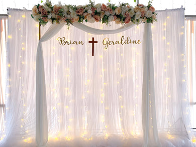 Singapore Wedding or Solemnisation Decor, Floral Arch with Fairy-lights Backdrop and Custom Name Babnner