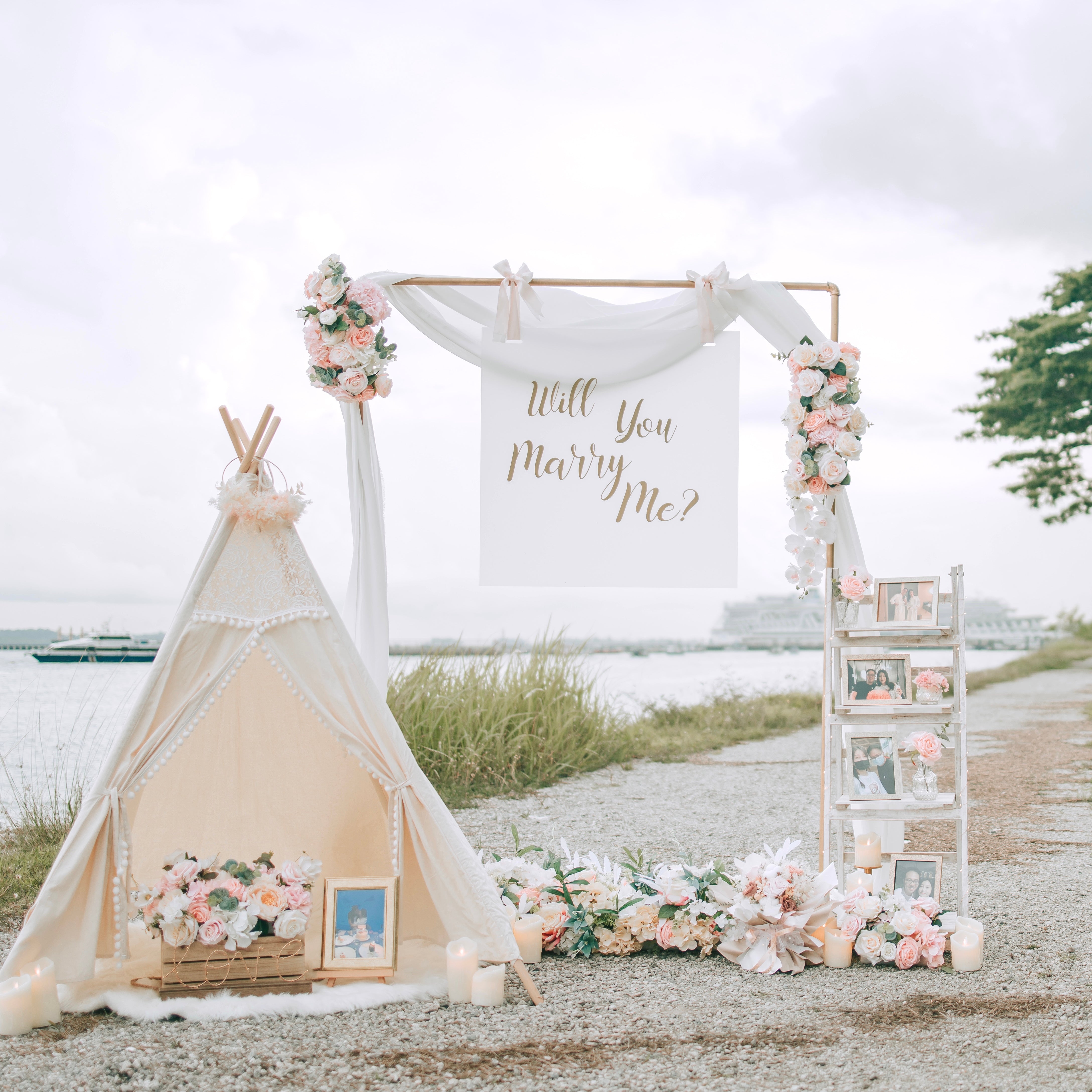 Romantic Outdoor Proposal Decor in Singapore with Balloons and Flowers by Style It Simply