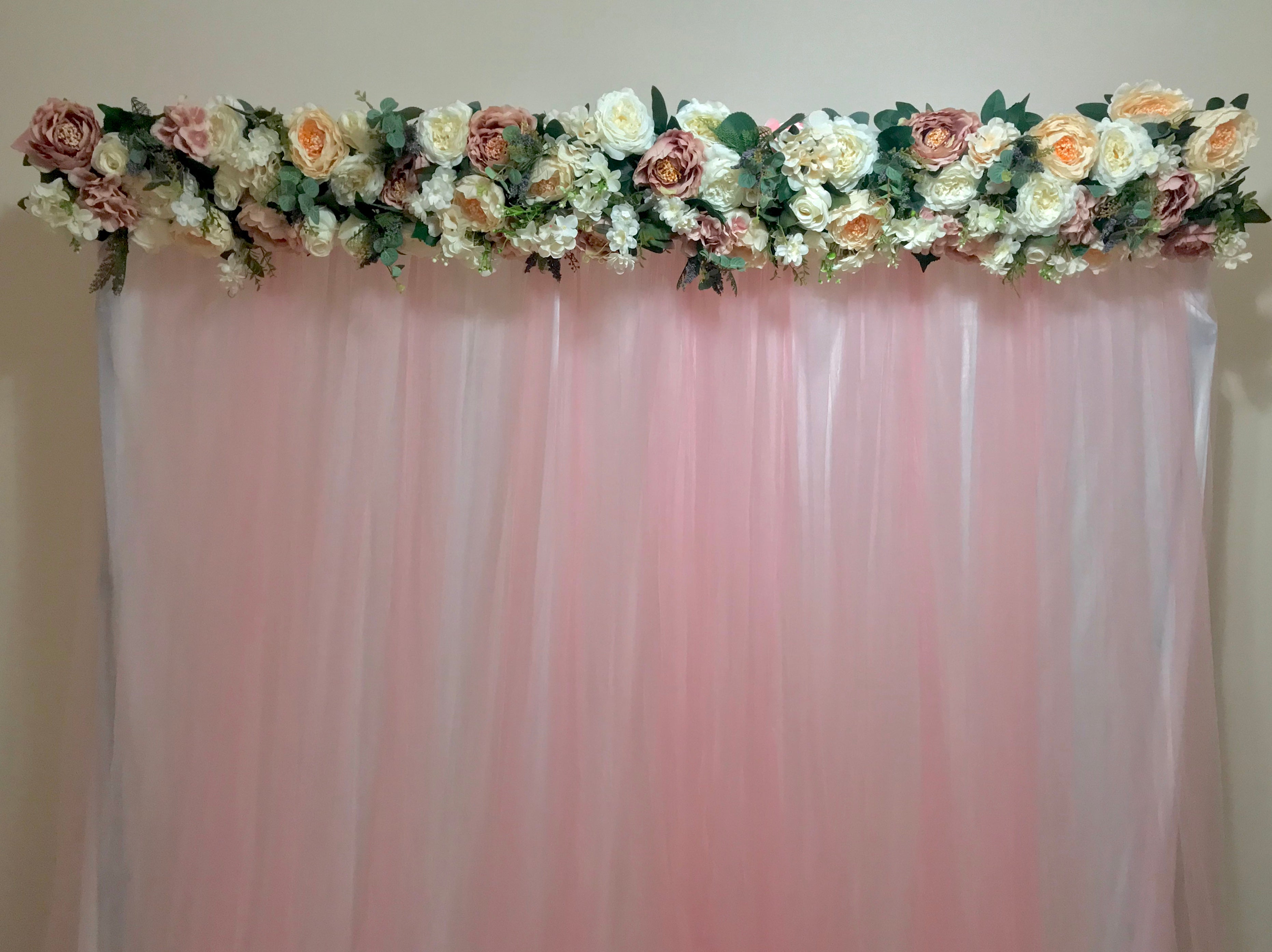 Pink Tulle Backdrop with Floral Garland and Fairylights, suitable for Birthday, Wedding, Solemnisation, Proposal
