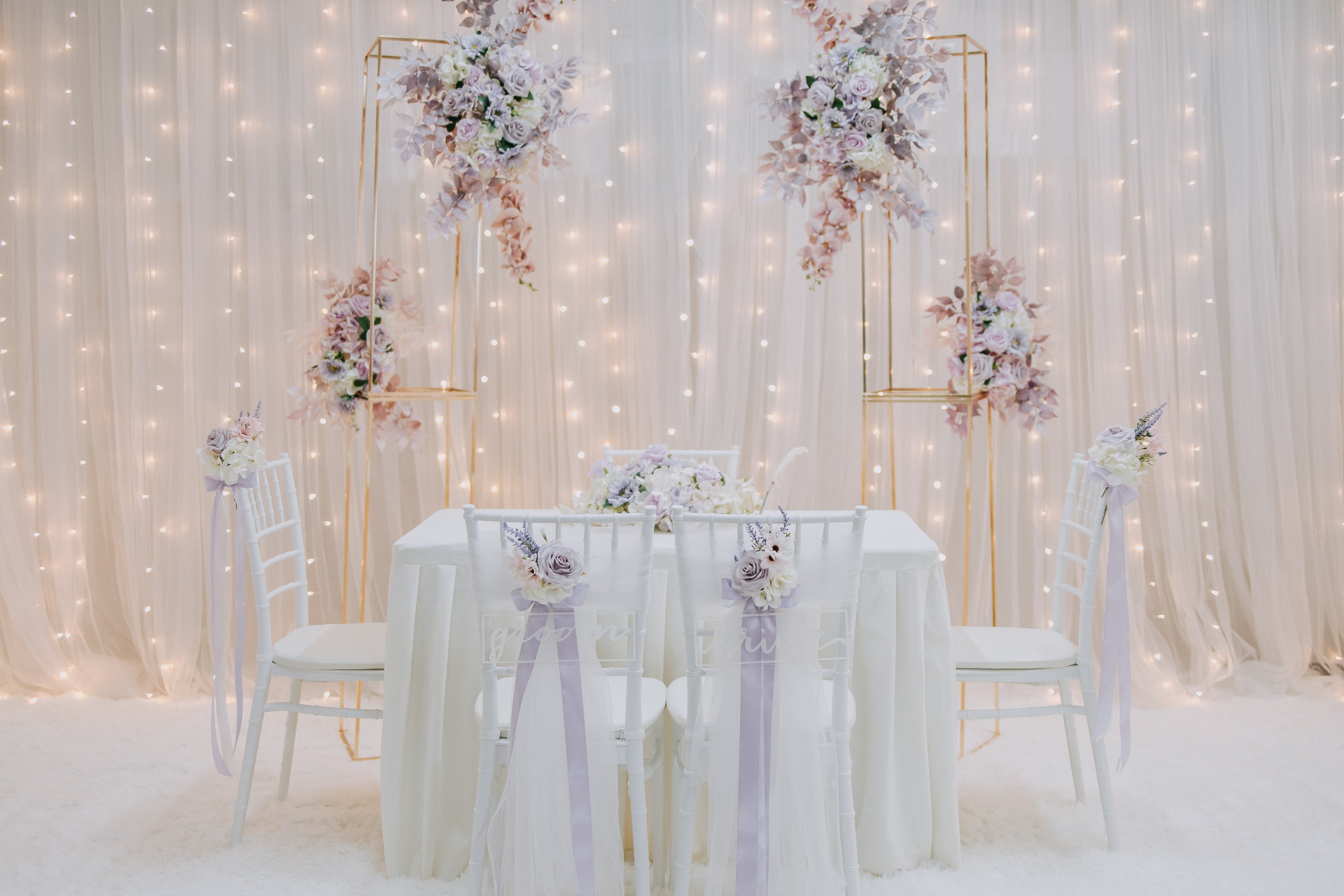 Sweet and Simple Home/ Function Room Solemnisation/ROM Decor in Singapore - Purple/Lilac & White Theme with Column Floral Arch &Fairy-lights