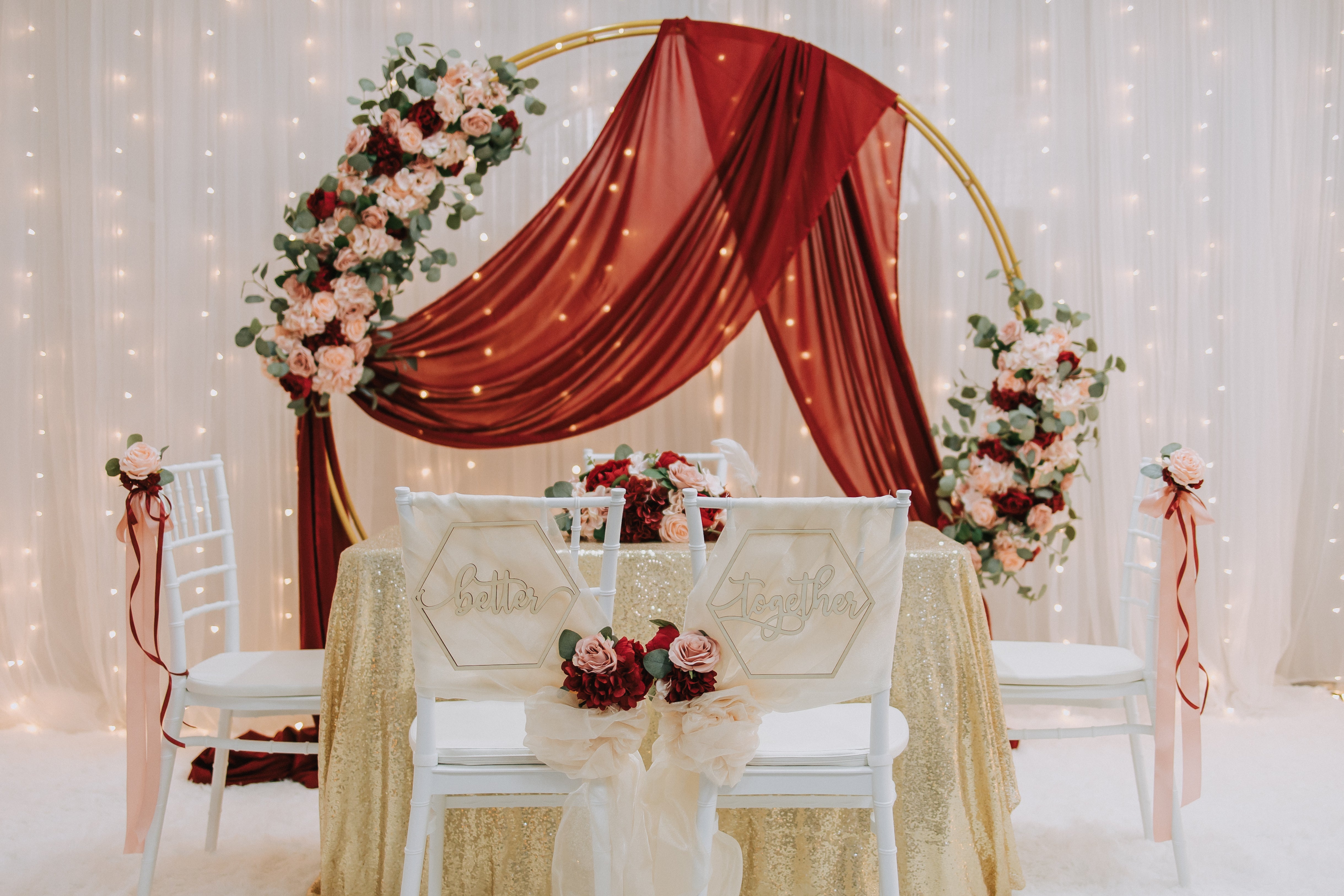 Sweet and Simple Home/Function Room Solemnisation/ROM Decor in Singapore - Pink Red Gold Theme with Round Arch & Fairy-lights