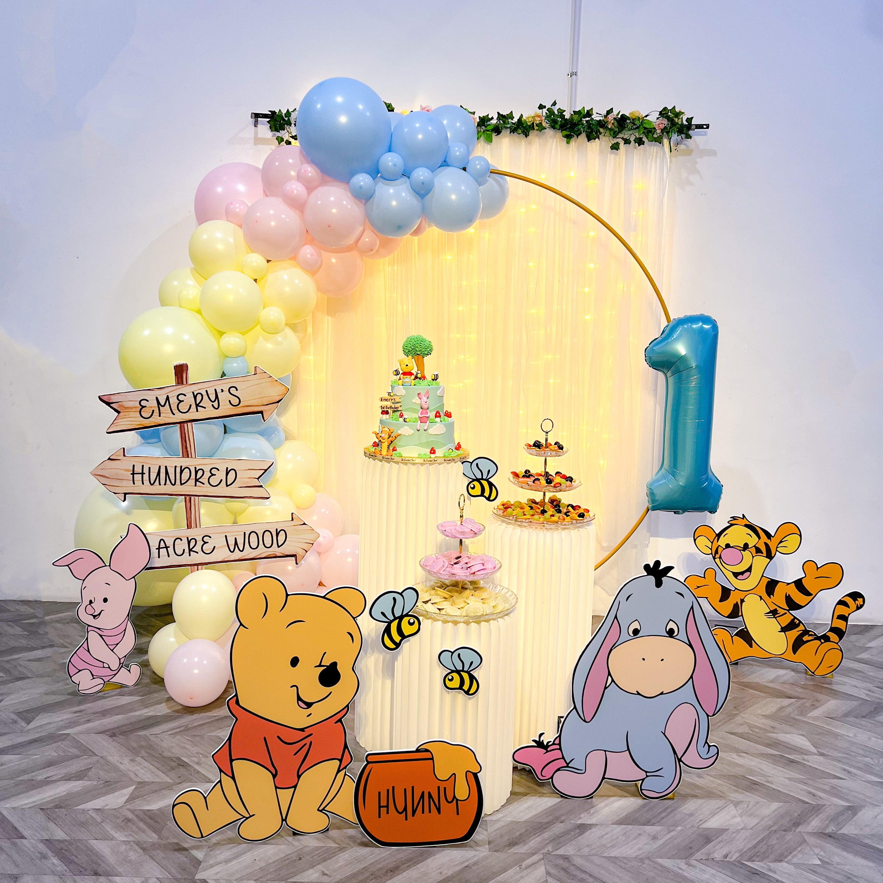 Hundred Acre Wood , Winnie The Pooh Theme Decor , Dessert Table, Balloon Backdrop, Birthday Party