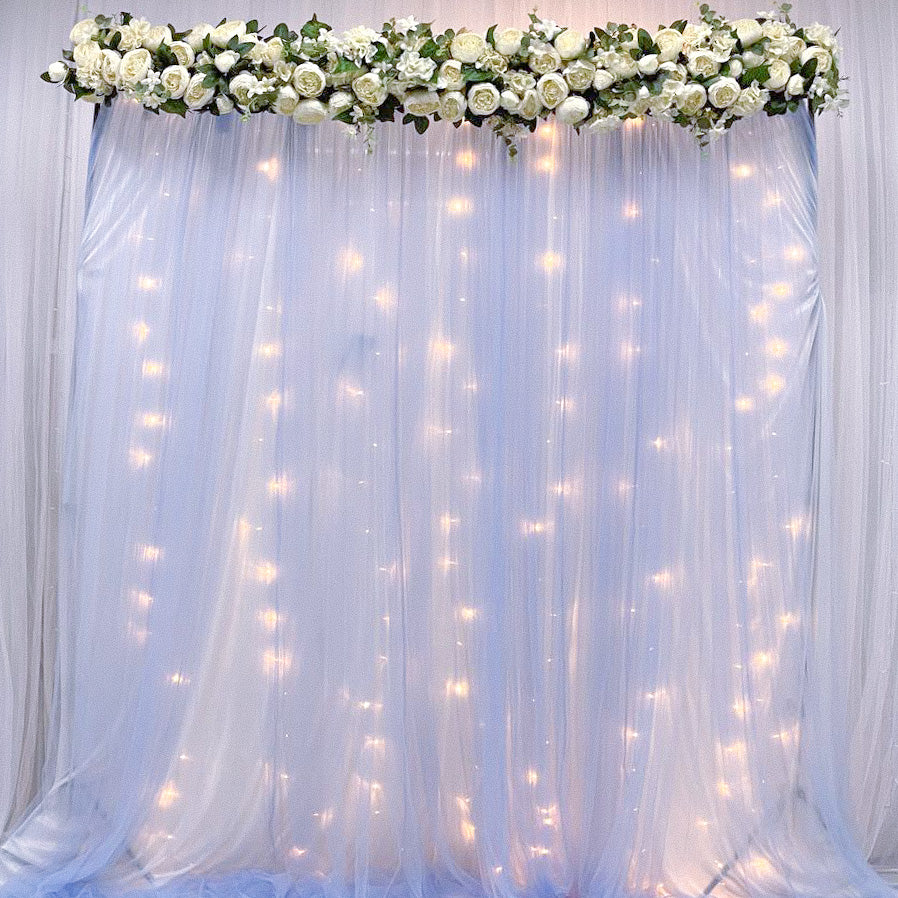 Blue Tulle Backdrop with Floral Garland and Fairylights, suitable for Birthday, Wedding, Solemnisation, Proposal