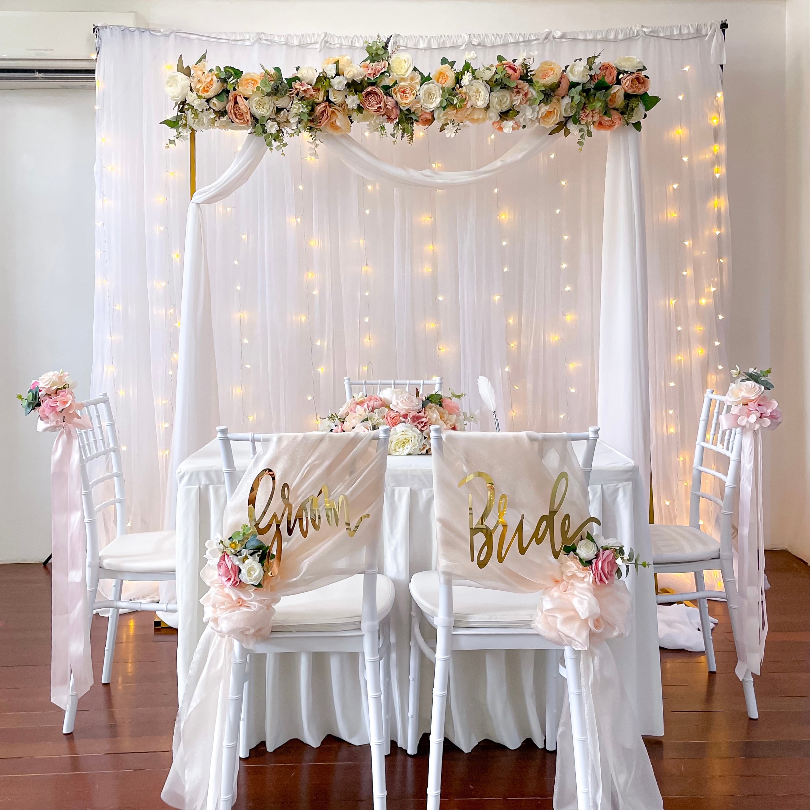 Sweet and Simple Home/Function Room Solemnisation/ROM Decor in Singapore - Champagne & White Theme with Fairy-lights