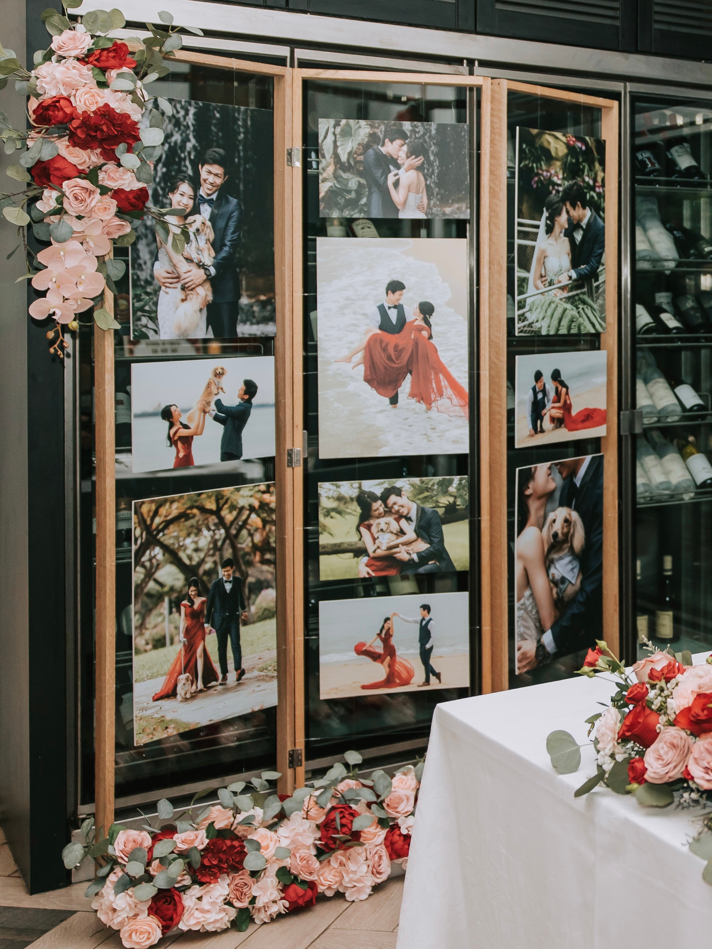 Affordable Wedding Reception Decor in Singapore - Rustic Photo Gallery with Red & Pink Florals (Venue: Botanico)