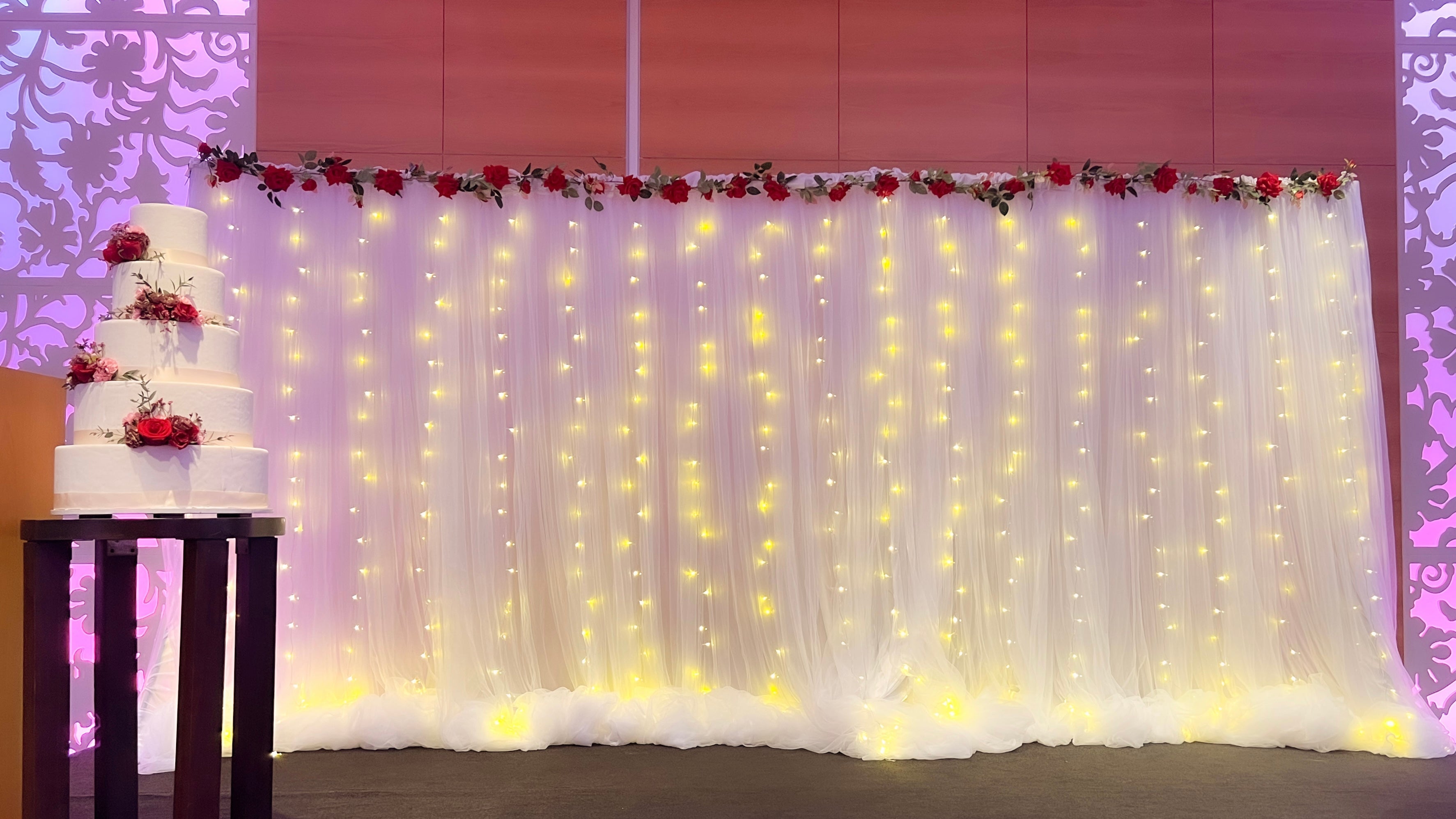 Wedding Stage Decor in Singapore - 6m White Backdrop with Fairylights & Red Floral Veins 