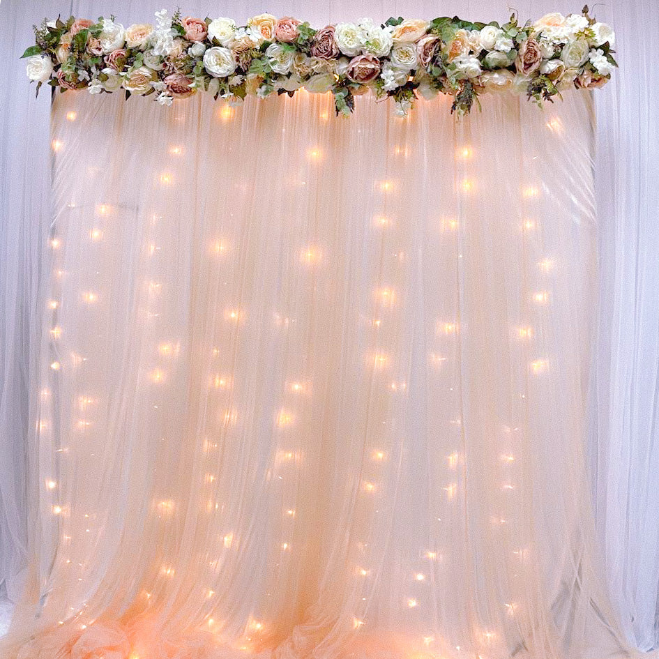 Peach Tulle Backdrop with Floral Garland and Fairylights, suitable for Birthday, Wedding, Solemnisation, Proposal