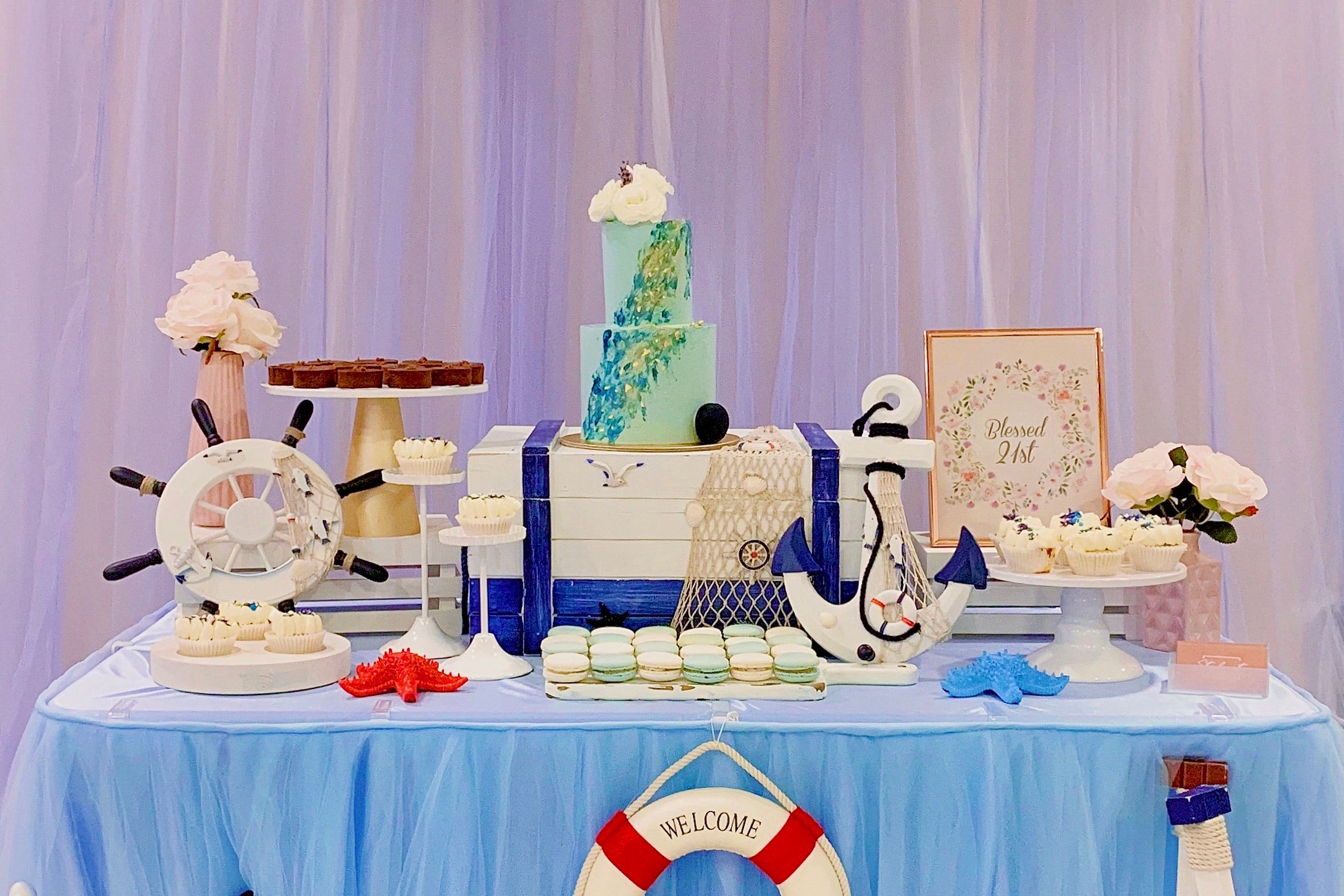 Nautical Floral Dessert Table for Birthday Party by Style It Simply