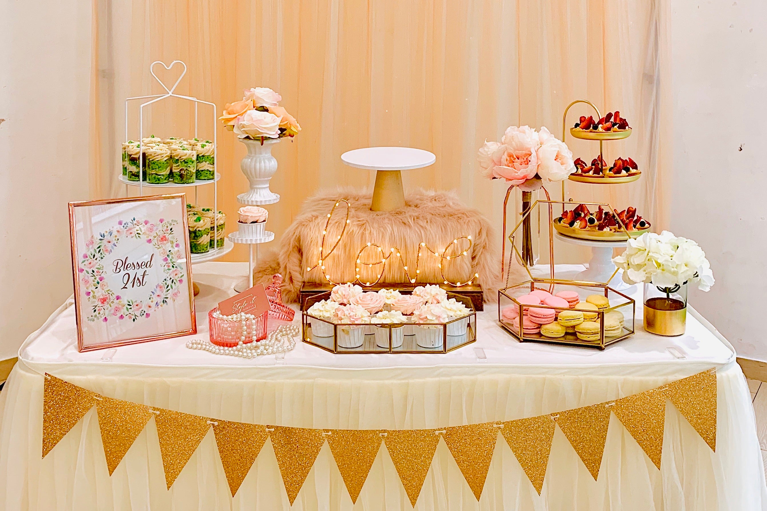 Blush Floral Dessert Table for Birthday Party by Style It Simply