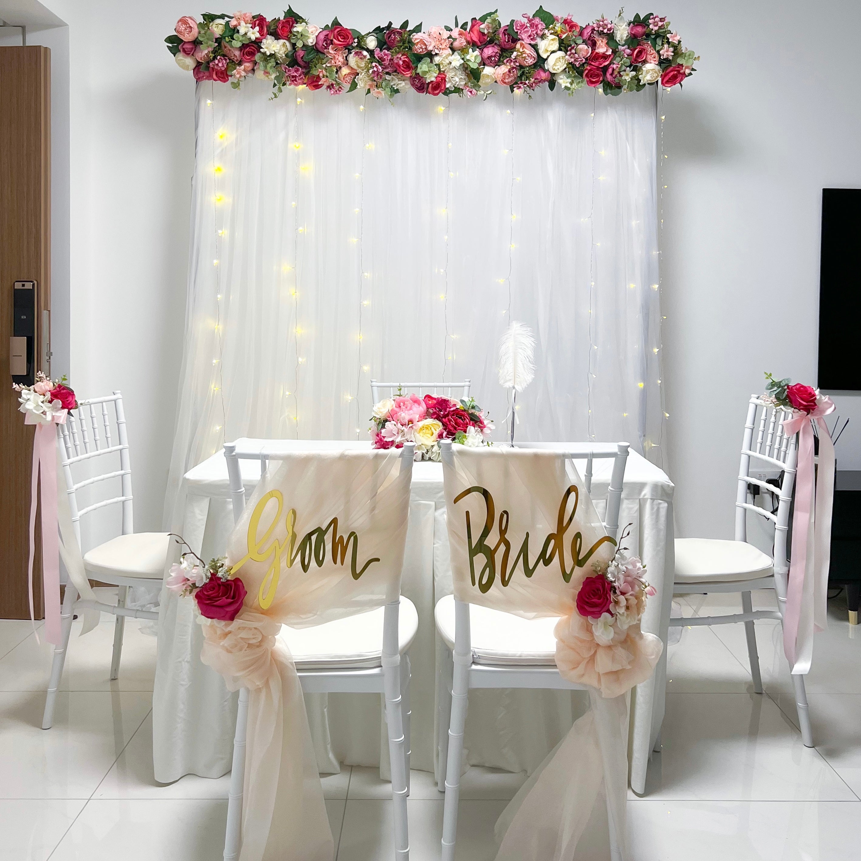 Sweet and Simple Home Solemnisation/ROM Decor in Singapore - Pink & White Theme with Fairy-lights