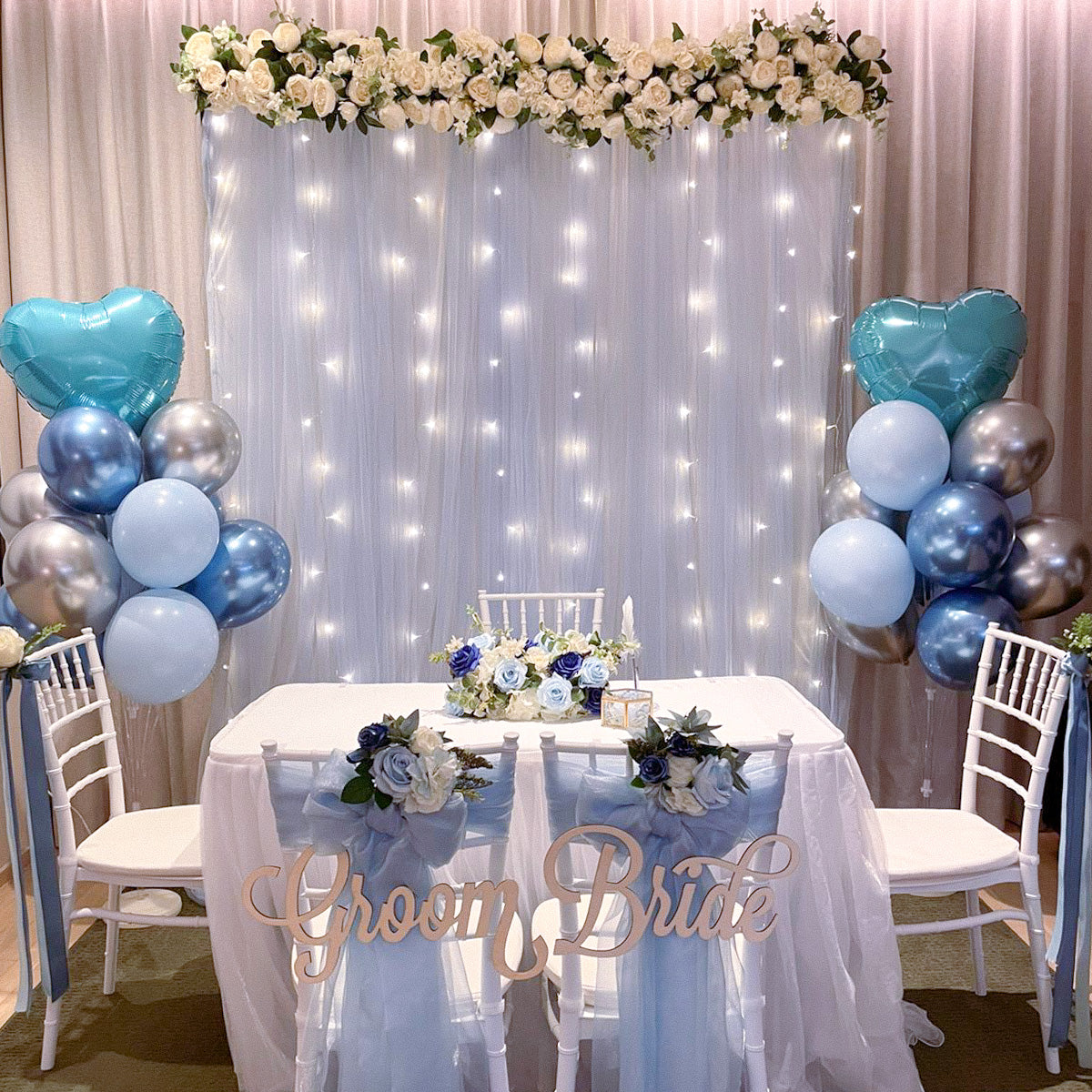 Sweet and Simple Home/Function Room Solemnisation/ROM Decor in Singapore - Blue & White Theme with Fairy-lights
