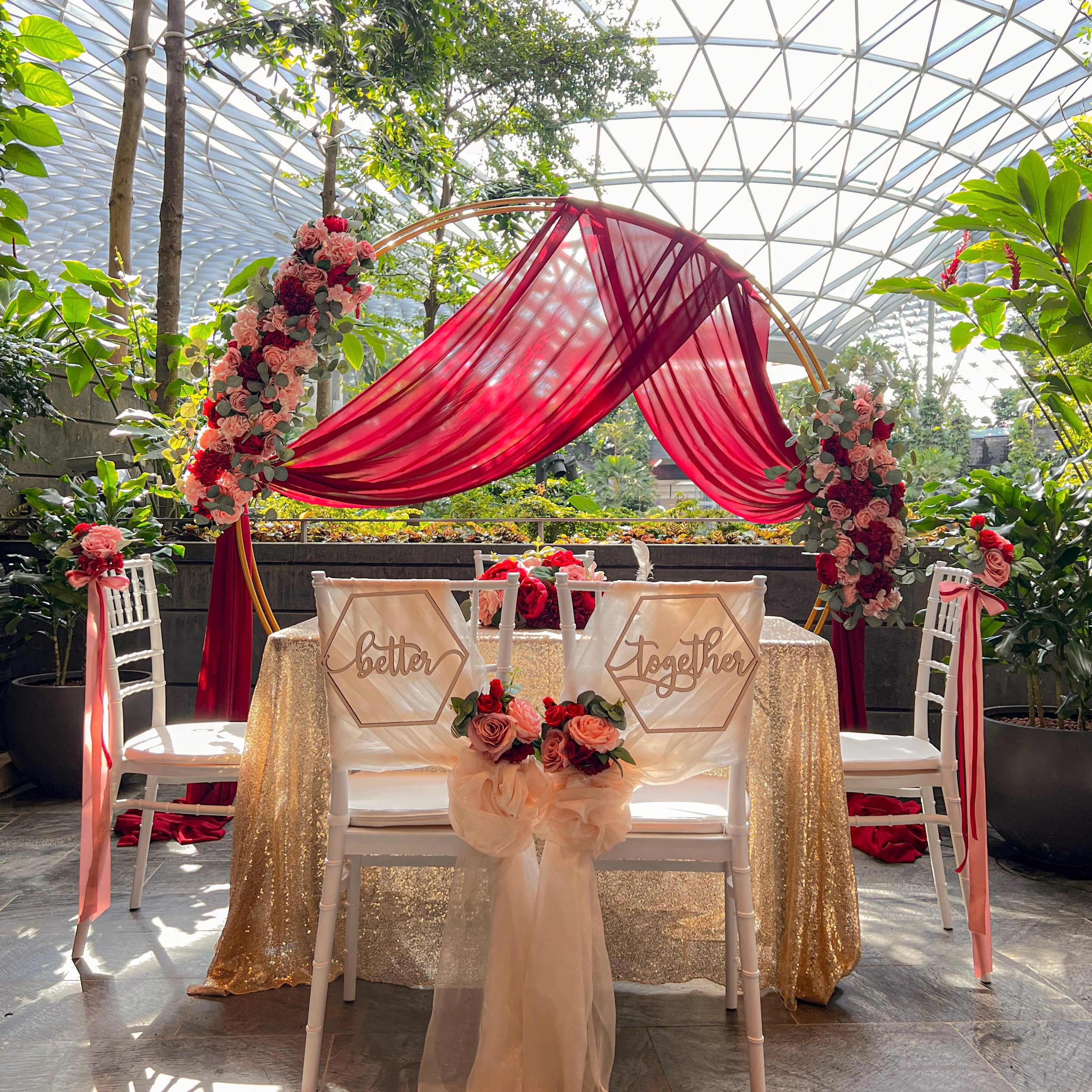 Sweet and Simple Outdoor Solemnisation/ROM Decor in Singapore - Pink Red Gold Theme with Round Arch, Jewel Changi SG