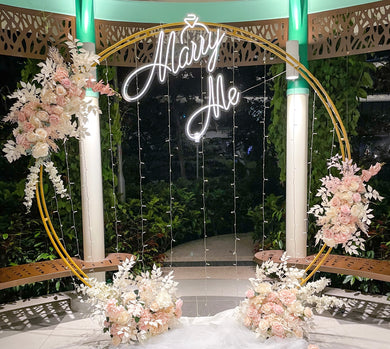 Romantic Outdoor Proposal Decor at One North Park in Singapore with Floral Arch, Fairylights and Neon Sign by Style It Simply